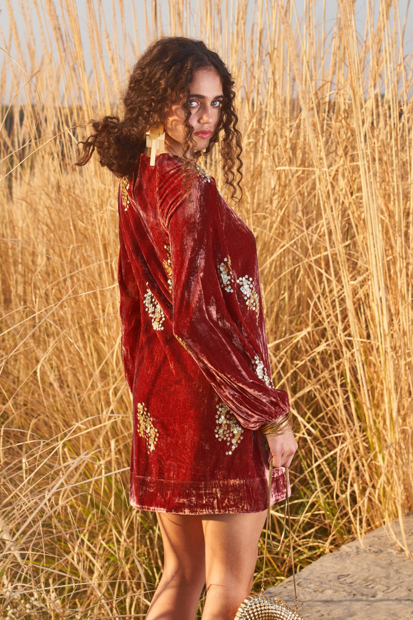 MATERIAL GIRL 03 RUST COLOR SILK VELVET THIGH LENGTH WINTER DRESS WITH SEQUIN HAND EMBROIDERY