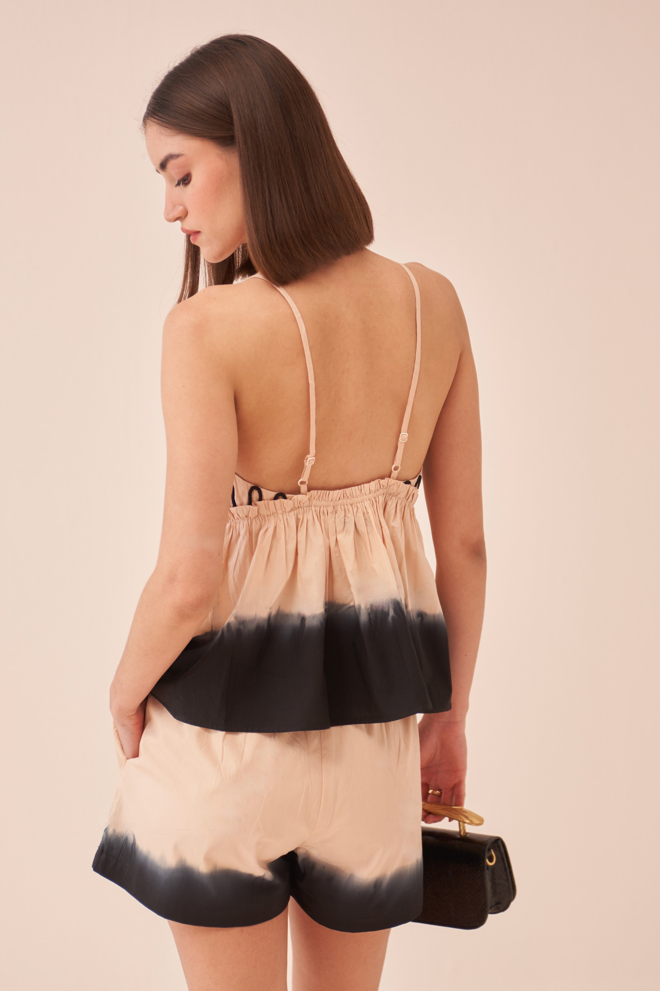 CASABLANCA ECRU COTTON DIP DYED TOP AND SHORTS CO-ORD SET WITH DORI EMBROIDERY