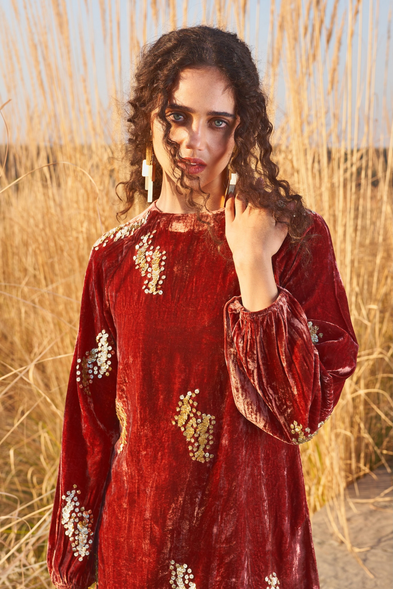 MATERIAL GIRL 03 RUST COLOR SILK VELVET THIGH LENGTH WINTER DRESS WITH SEQUIN HAND EMBROIDERY