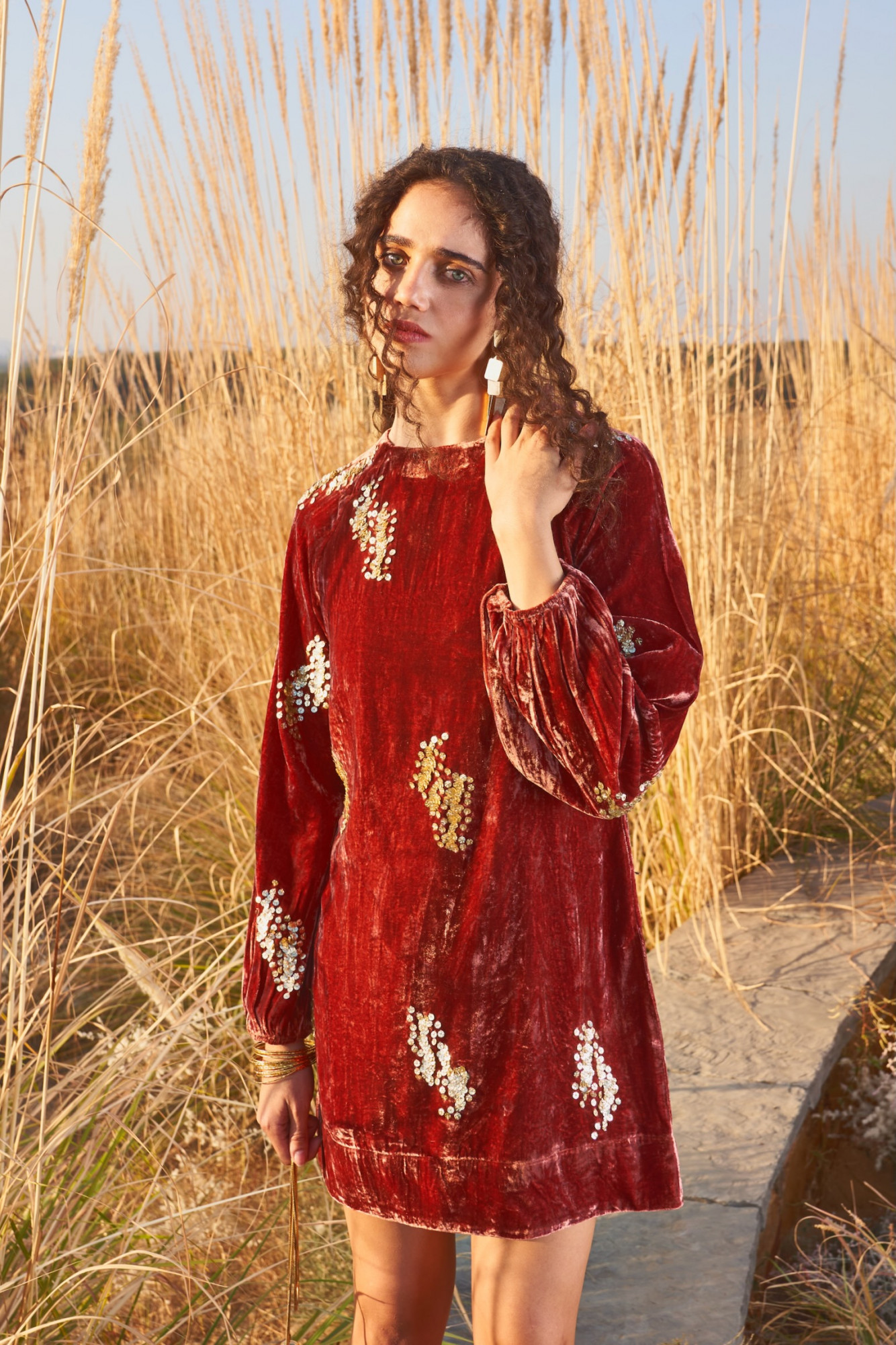 MATERIAL GIRL 03 RUST COLOR SILK VELVET THIGH LENGTH WINTER DRESS WITH SEQUIN HAND EMBROIDERY