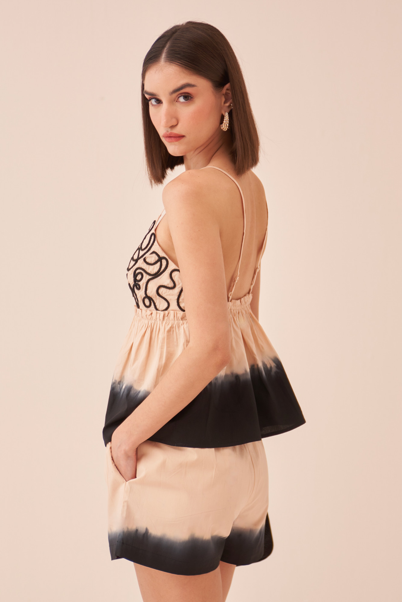 CASABLANCA ECRU COTTON DIP DYED TOP AND SHORTS CO-ORD SET WITH DORI EMBROIDERY