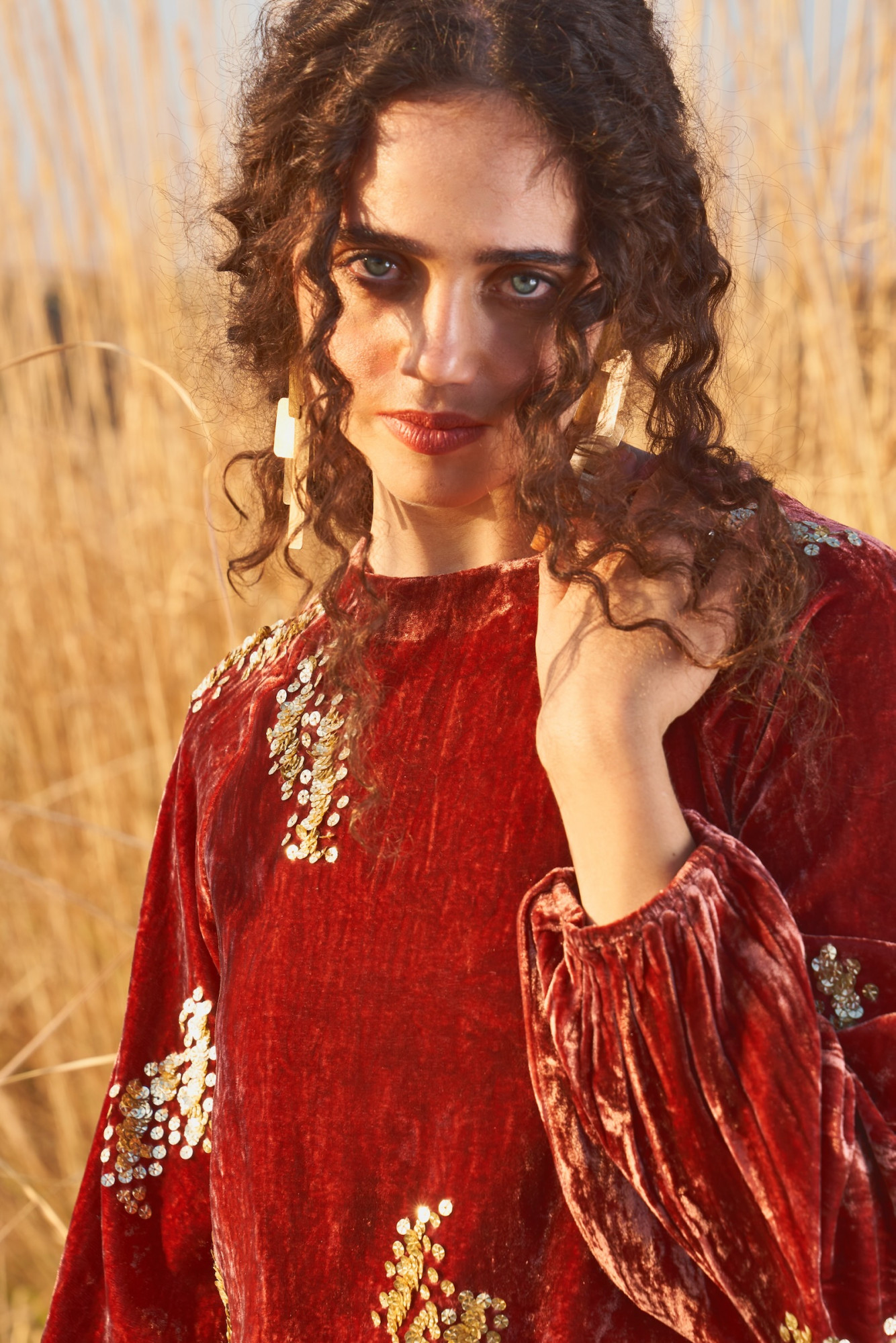 MATERIAL GIRL 03 RUST COLOR SILK VELVET THIGH LENGTH WINTER DRESS WITH SEQUIN HAND EMBROIDERY