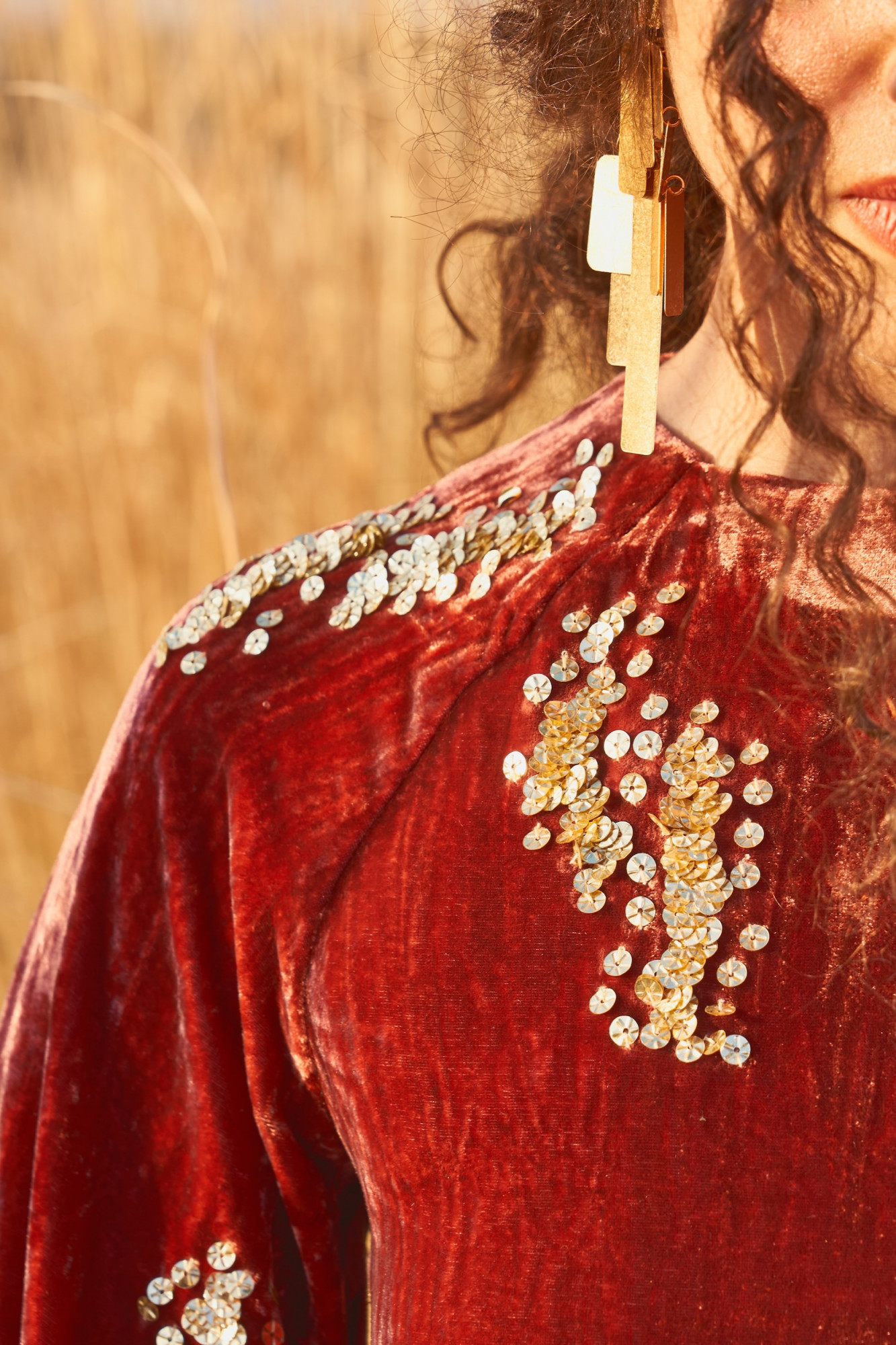 MATERIAL GIRL 03 RUST COLOR SILK VELVET THIGH LENGTH WINTER DRESS WITH SEQUIN HAND EMBROIDERY