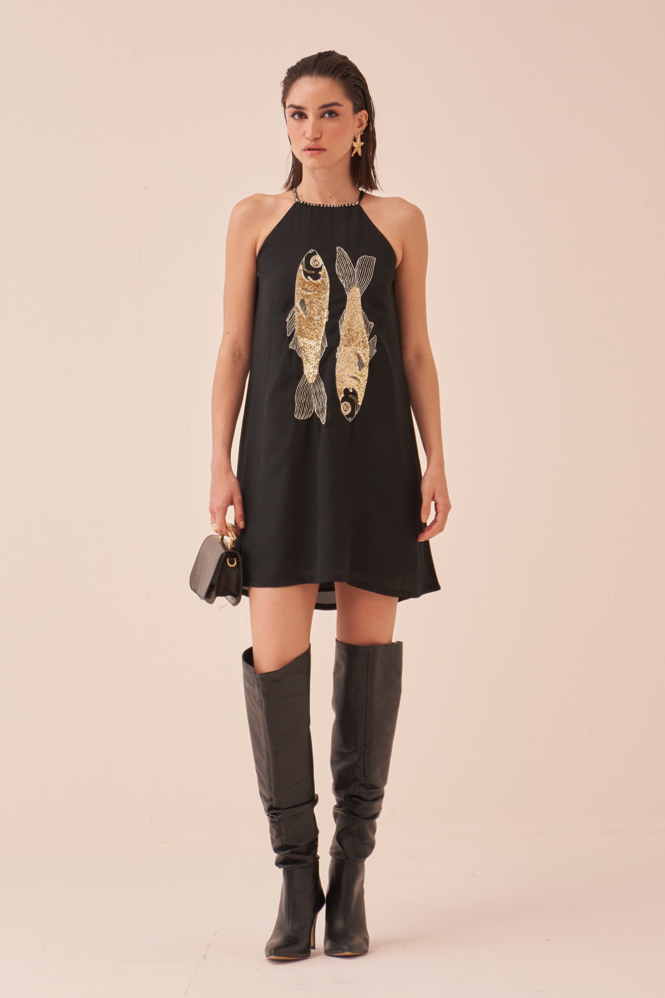 CASABLANCA BLACK SHORT LENGTH DRESS WITH SEQUIN AND DABKA FISH MOTIF HAND EMBROIDERY