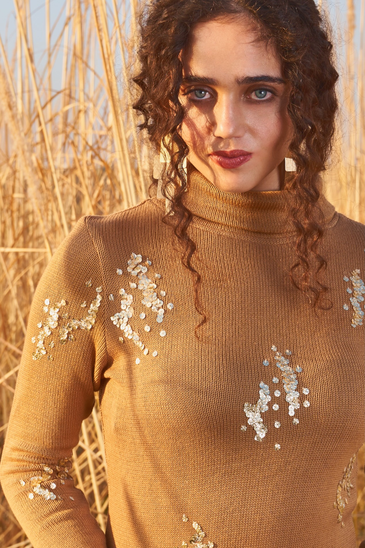 MATERIAL GIRL 03 CARAMEL BROWN ACRYLIC WOOL LONG MAXI DRESS WITH SEQUIN EMBROIDERY