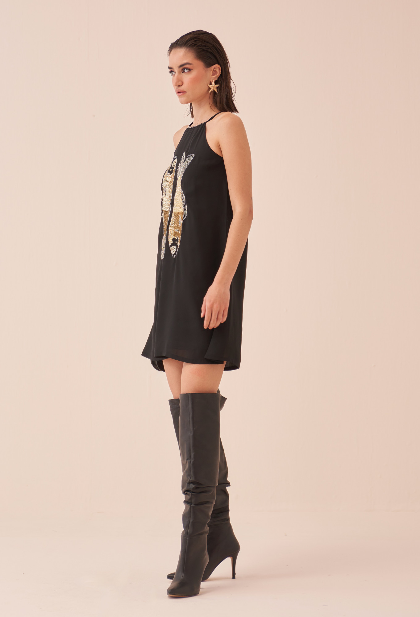 CASABLANCA BLACK SHORT LENGTH DRESS WITH SEQUIN AND DABKA FISH MOTIF HAND EMBROIDERY