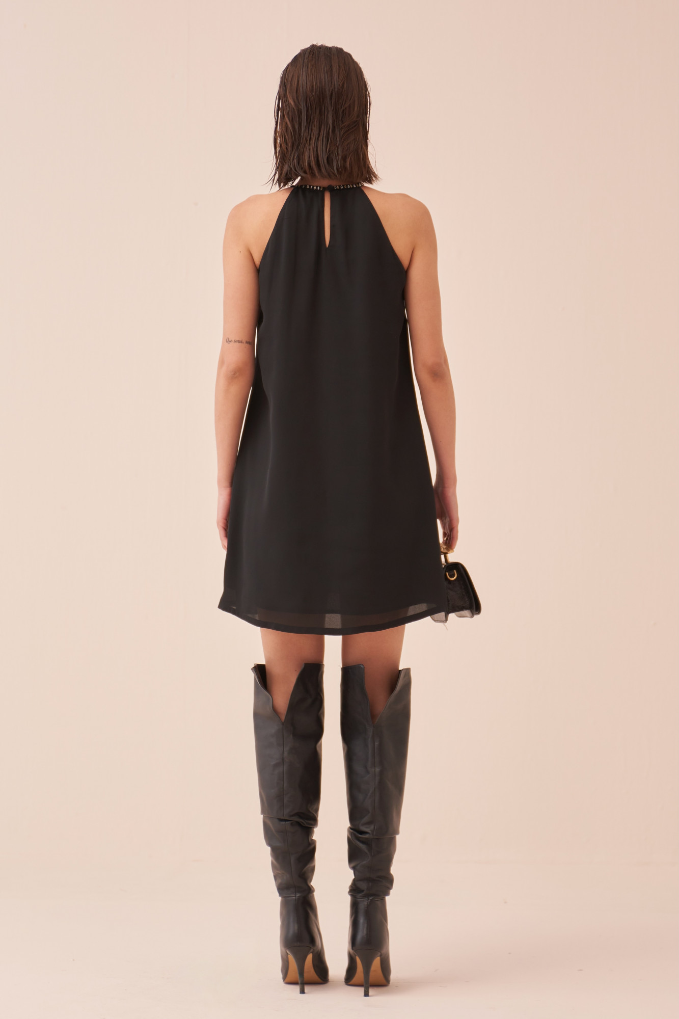 CASABLANCA BLACK SHORT LENGTH DRESS WITH SEQUIN AND DABKA FISH MOTIF HAND EMBROIDERY