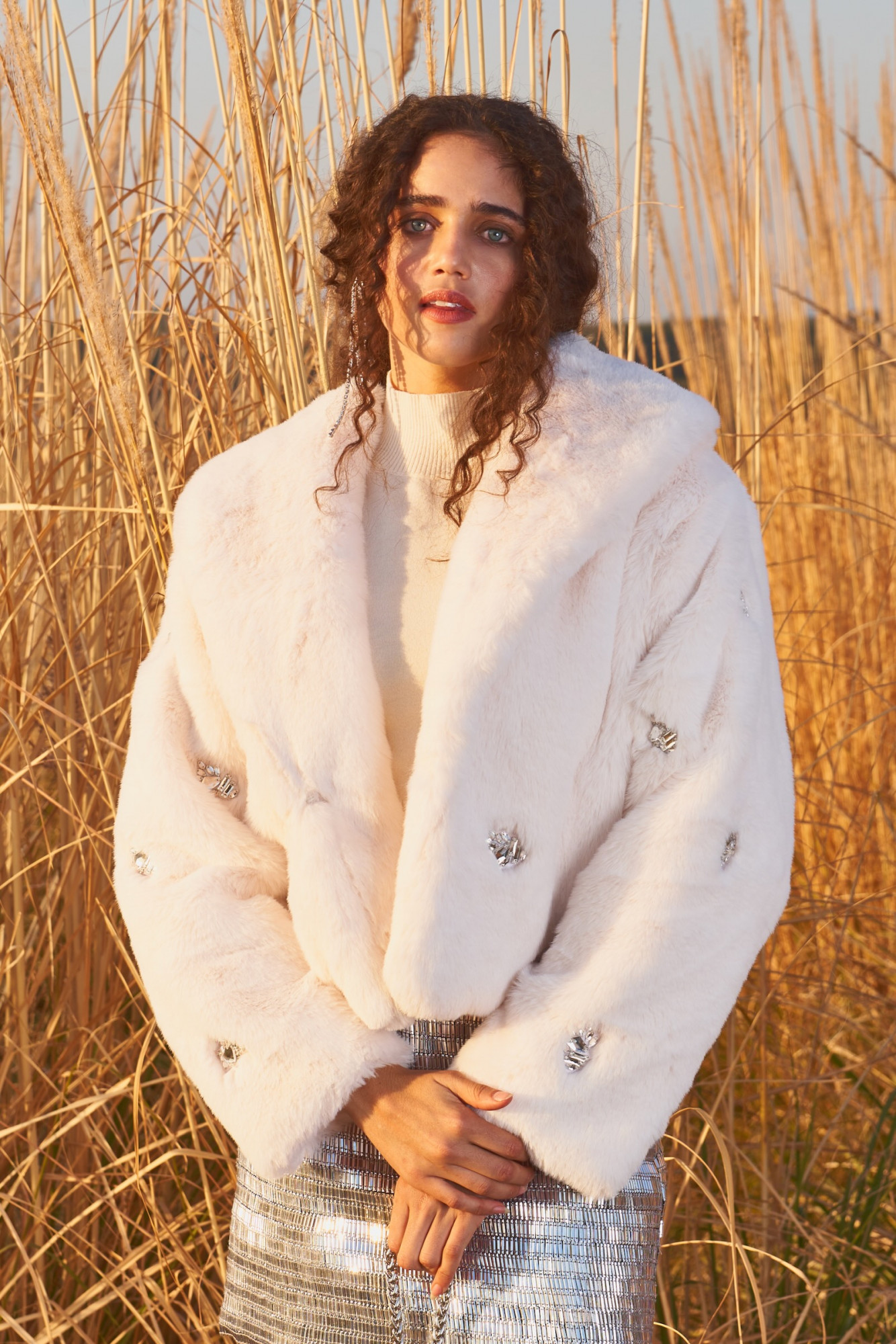 MATERIAL GIRL 03 OFF WHITE FAUX FUR WINTER JACKET EMBELLISHED WITH RHINE STONES