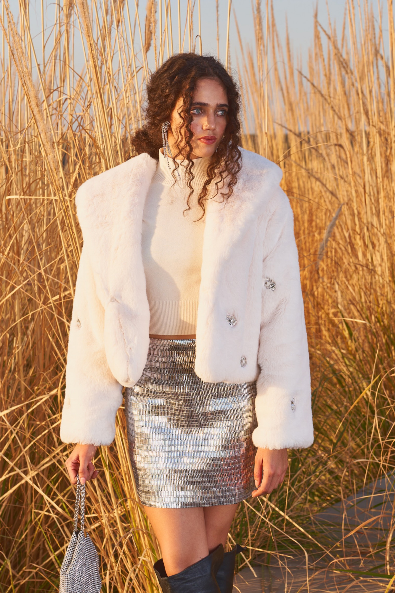 MATERIAL GIRL 03 OFF WHITE FAUX FUR WINTER JACKET EMBELLISHED WITH RHINE STONES