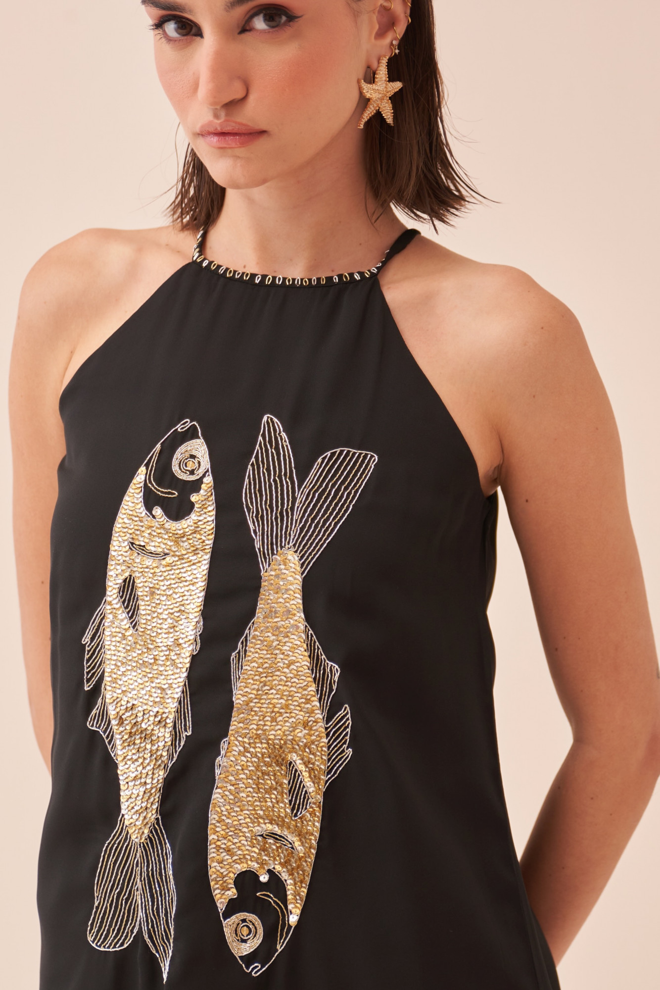 CASABLANCA BLACK SHORT LENGTH DRESS WITH SEQUIN AND DABKA FISH MOTIF HAND EMBROIDERY