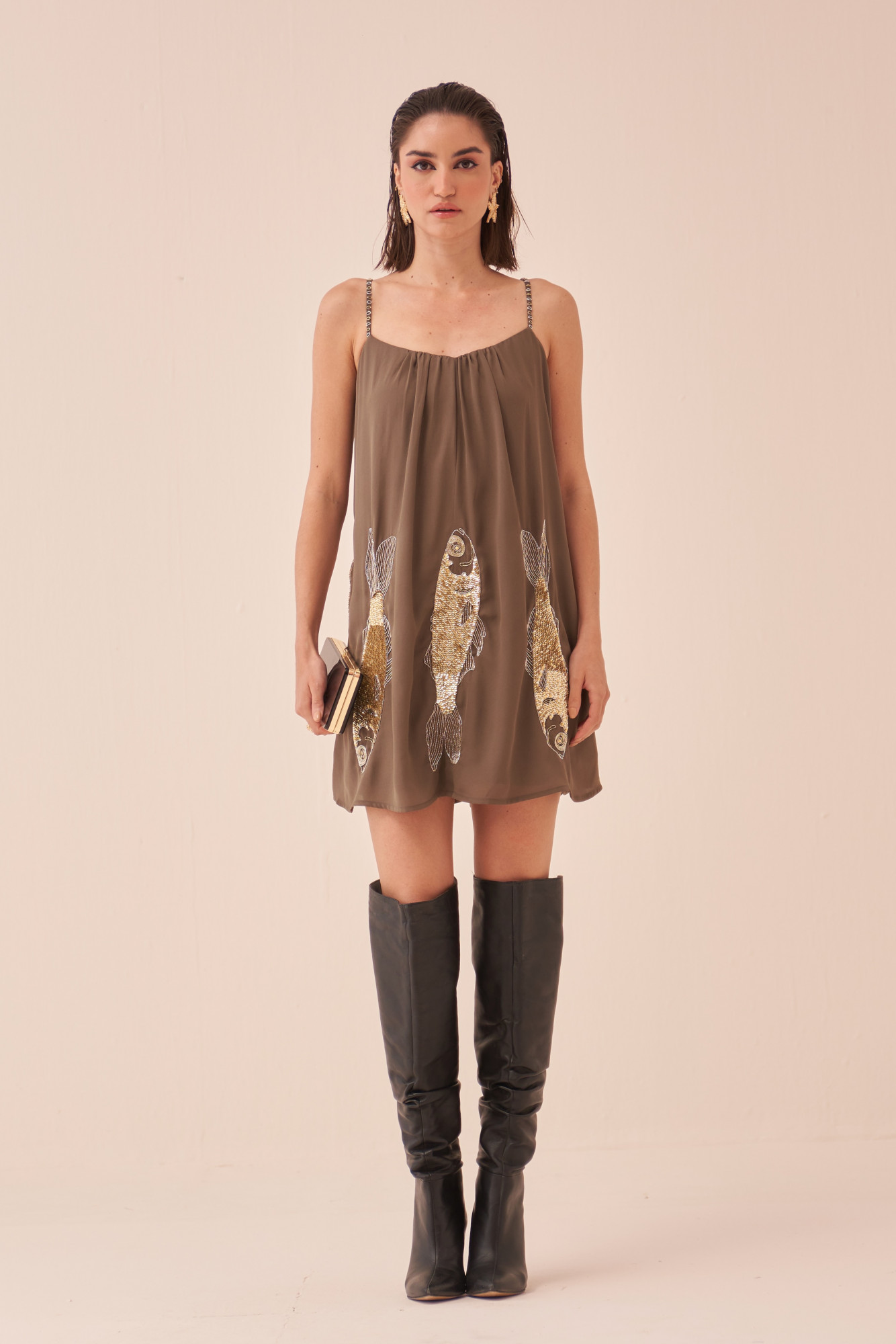 CASABLANCA CHARCOAL COLOUR DRESS WITH SEQUIN AND DABKA FISH MOTIF HAND EMBROIDERY