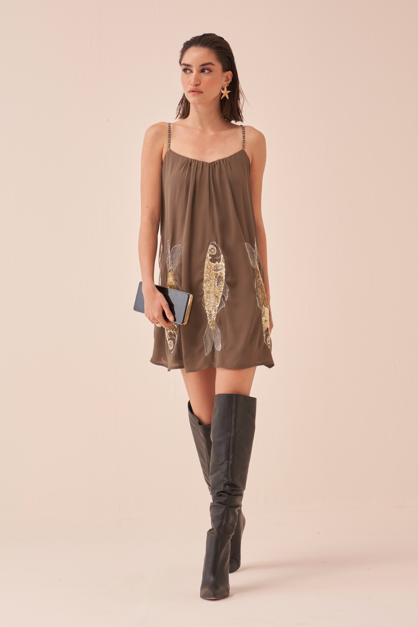 CASABLANCA CHARCOAL COLOUR DRESS WITH SEQUIN AND DABKA FISH MOTIF HAND EMBROIDERY