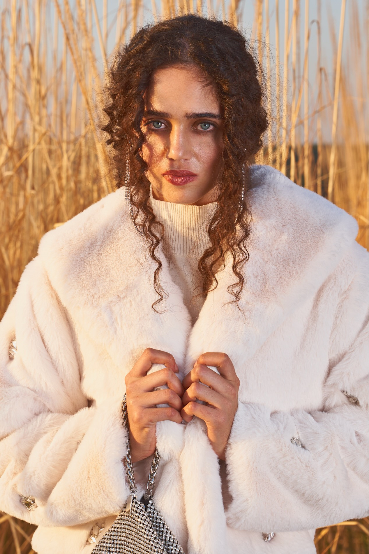 MATERIAL GIRL 03 OFF WHITE FAUX FUR WINTER JACKET EMBELLISHED WITH RHINE STONES