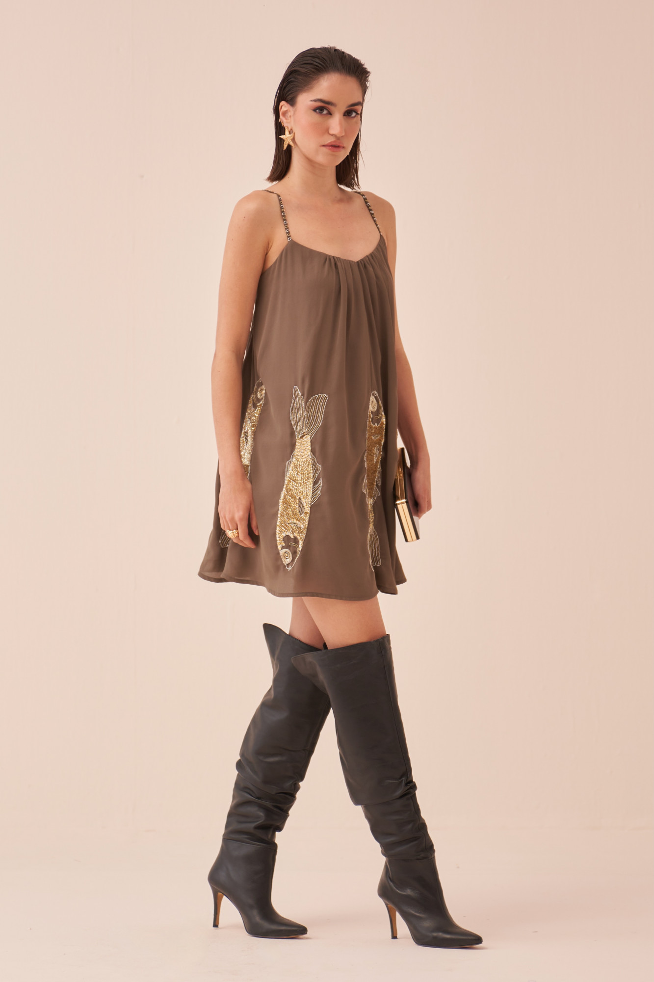 CASABLANCA CHARCOAL COLOUR DRESS WITH SEQUIN AND DABKA FISH MOTIF HAND EMBROIDERY