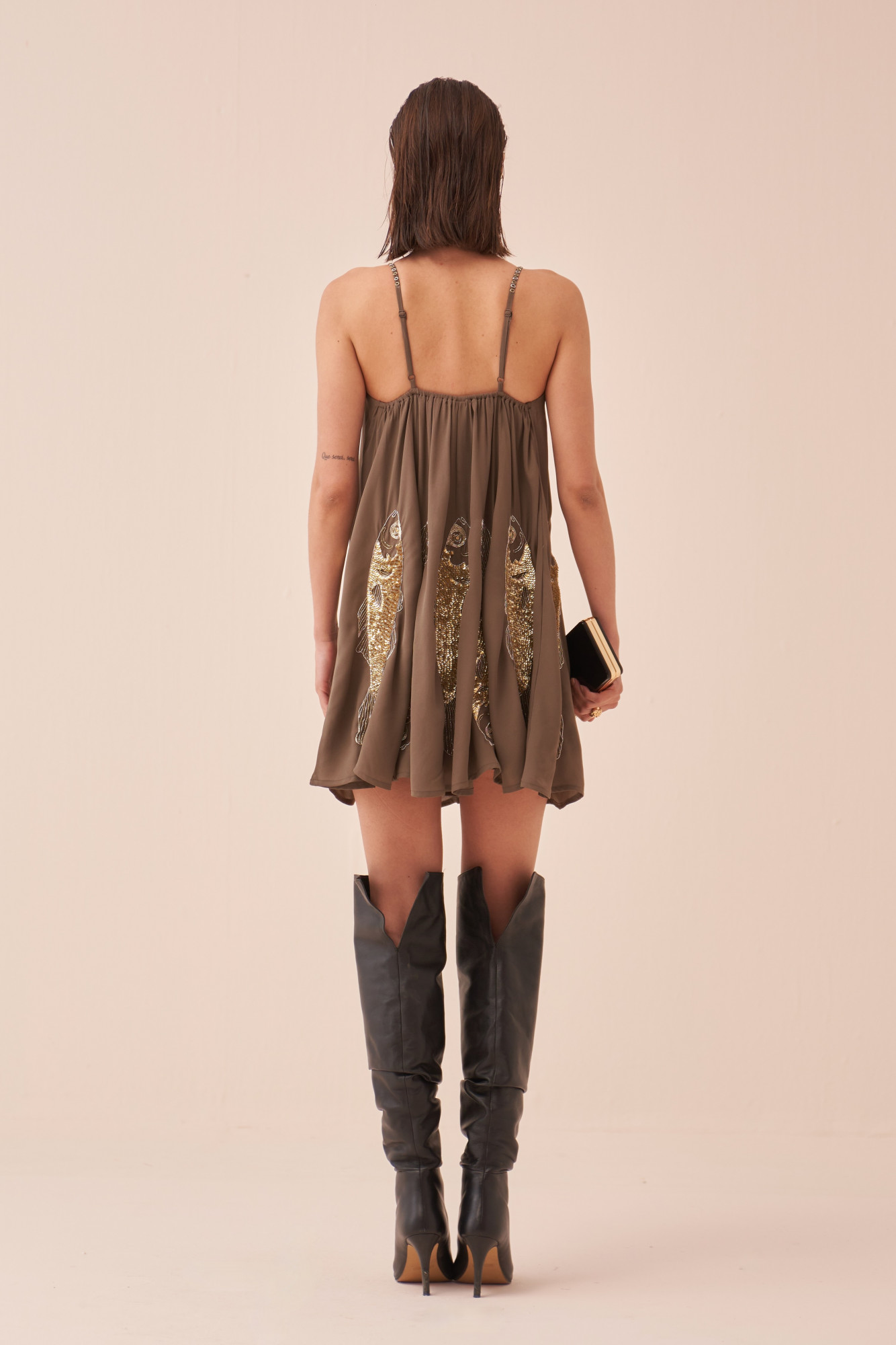 CASABLANCA CHARCOAL COLOUR DRESS WITH SEQUIN AND DABKA FISH MOTIF HAND EMBROIDERY