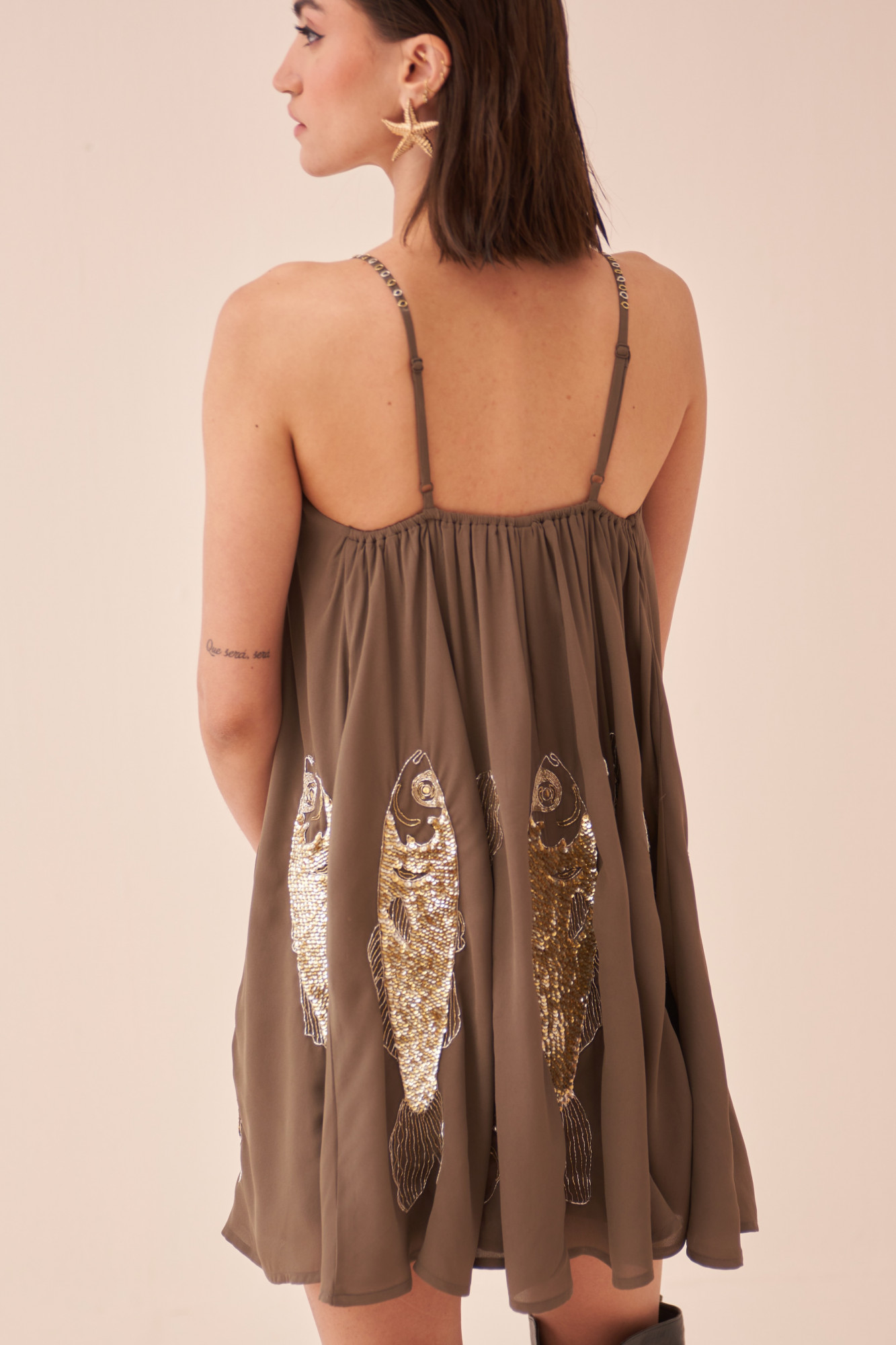 CASABLANCA CHARCOAL COLOUR DRESS WITH SEQUIN AND DABKA FISH MOTIF HAND EMBROIDERY