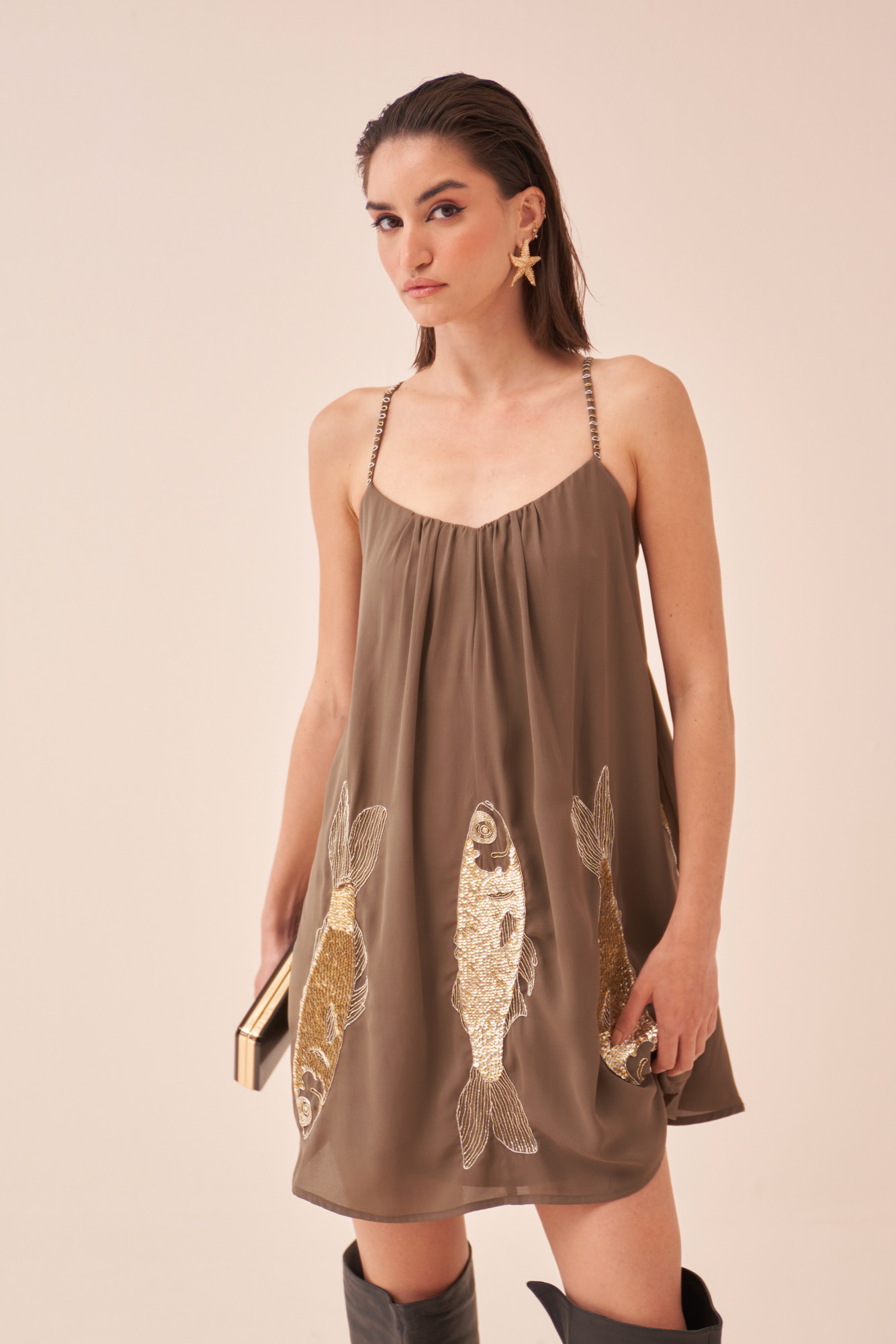 CASABLANCA CHARCOAL COLOUR DRESS WITH SEQUIN AND DABKA FISH MOTIF HAND EMBROIDERY