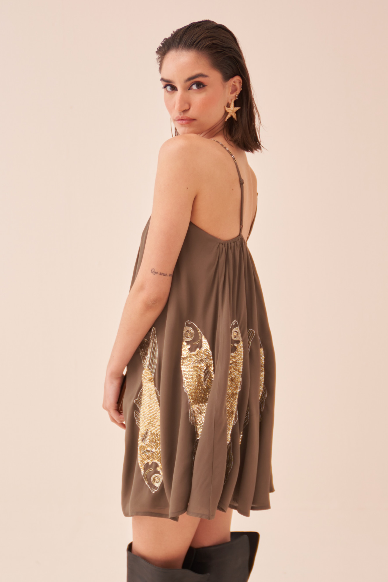 CASABLANCA CHARCOAL COLOUR DRESS WITH SEQUIN AND DABKA FISH MOTIF HAND EMBROIDERY