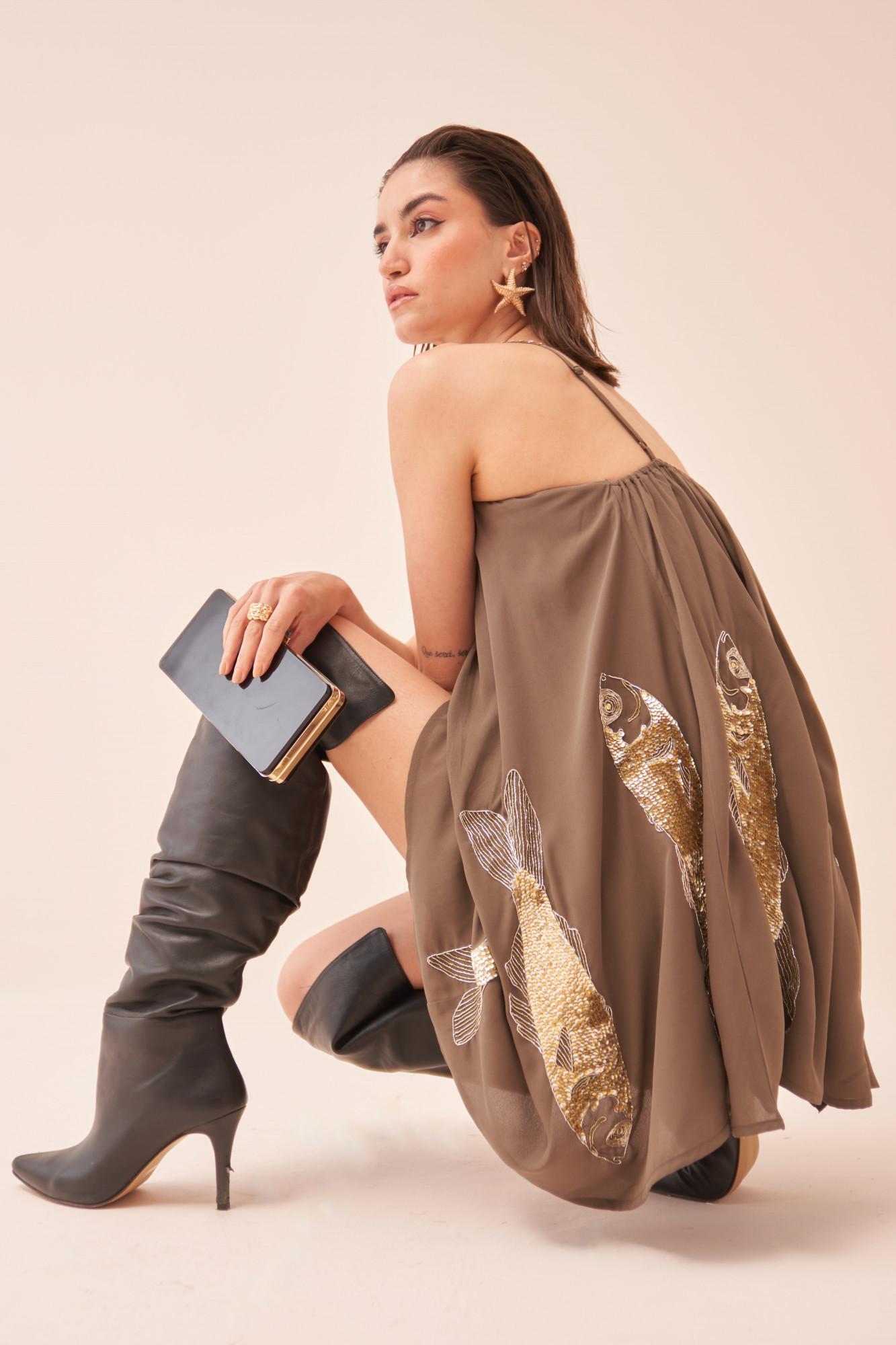 CASABLANCA CHARCOAL COLOUR DRESS WITH SEQUIN AND DABKA FISH MOTIF HAND EMBROIDERY