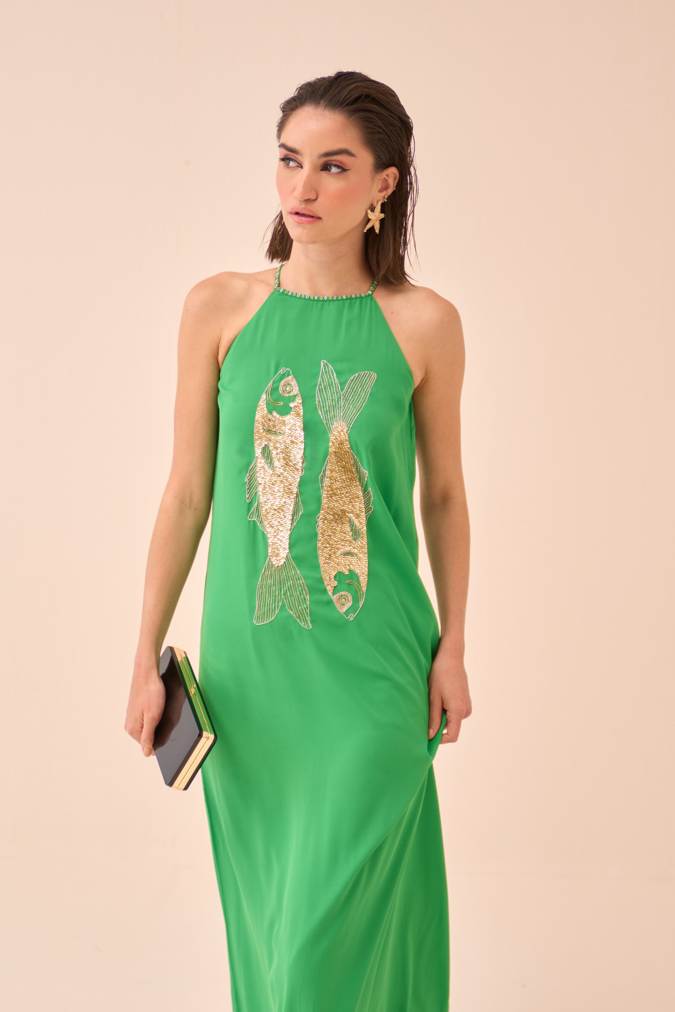 CASABLANCA GREEN COLOUR ANKLE LENGTH SLEEVELESS DRESS WITH SEQUIN AND DABKA FISH MOTIF HAND EMBROIDERY