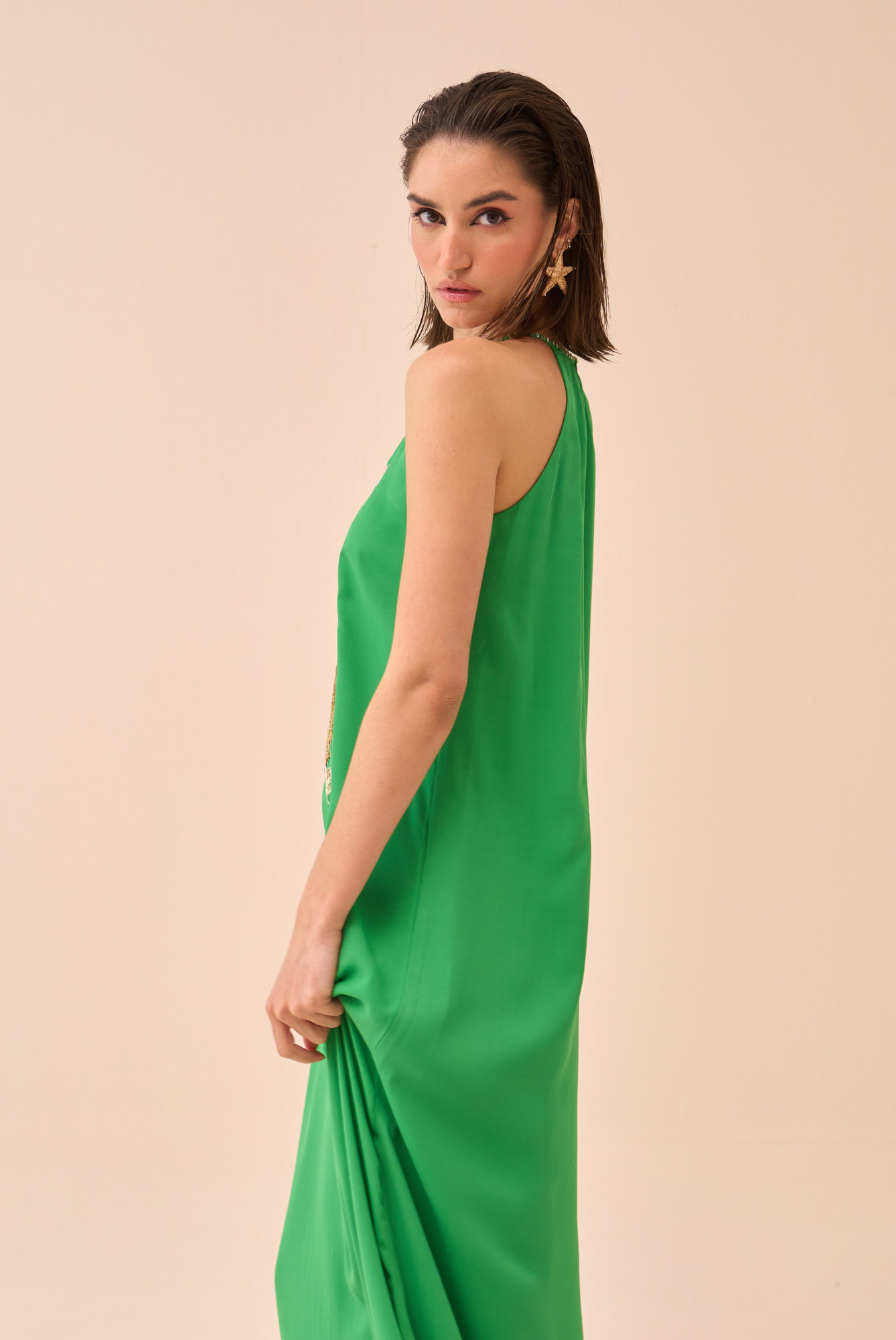CASABLANCA GREEN COLOUR ANKLE LENGTH SLEEVELESS DRESS WITH SEQUIN AND DABKA FISH MOTIF HAND EMBROIDERY