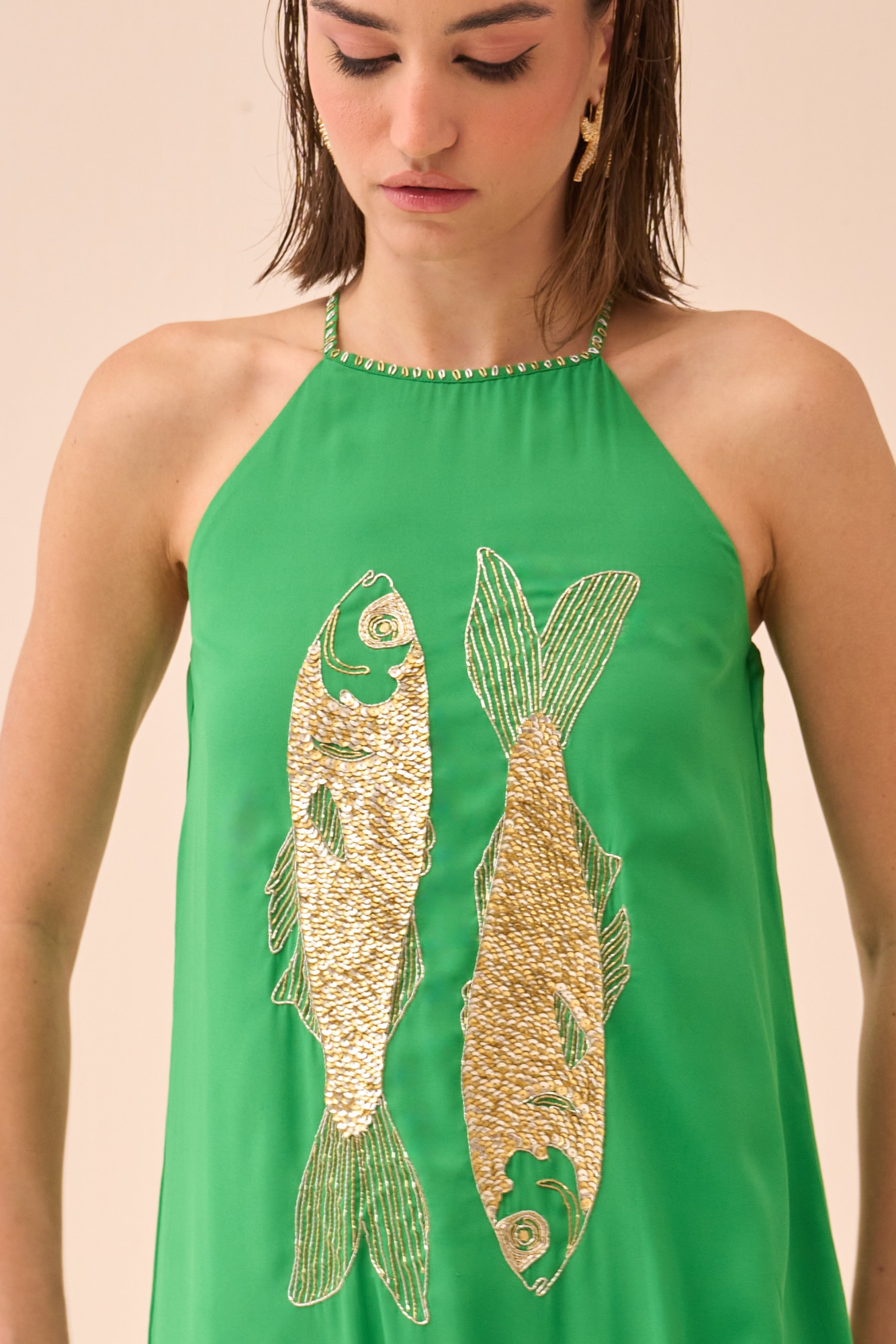 CASABLANCA GREEN COLOUR ANKLE LENGTH SLEEVELESS DRESS WITH SEQUIN AND DABKA FISH MOTIF HAND EMBROIDERY
