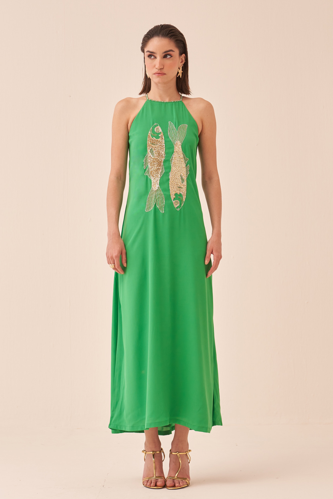 CASABLANCA GREEN COLOUR ANKLE LENGTH SLEEVELESS DRESS WITH SEQUIN AND DABKA FISH MOTIF HAND EMBROIDERY