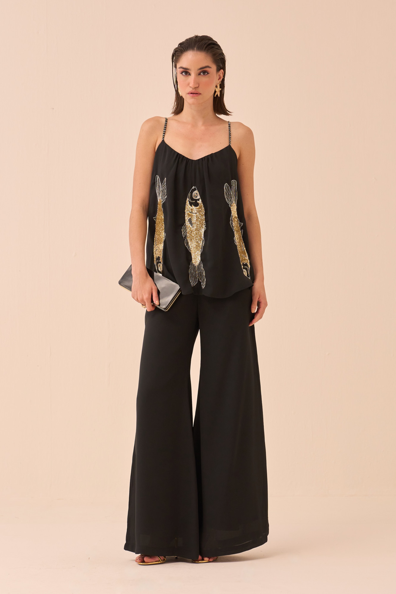 CASABLANCA BLACK TOP AND PANT CO-ORD SET WITH SEQUIN AND DABKA FISH MOTIF HAND EMBROIDERY