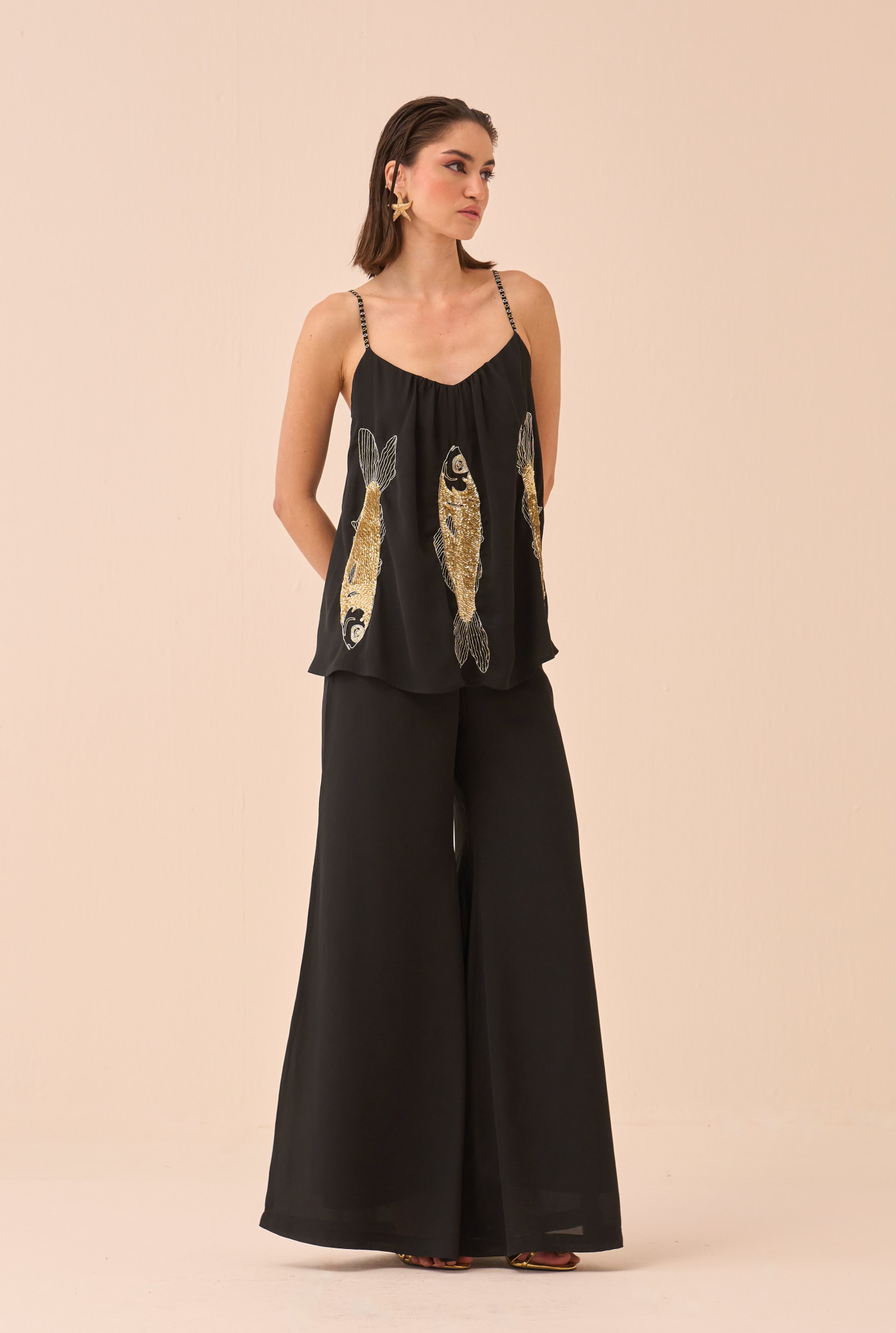 CASABLANCA BLACK TOP AND PANT CO-ORD SET WITH SEQUIN AND DABKA FISH MOTIF HAND EMBROIDERY