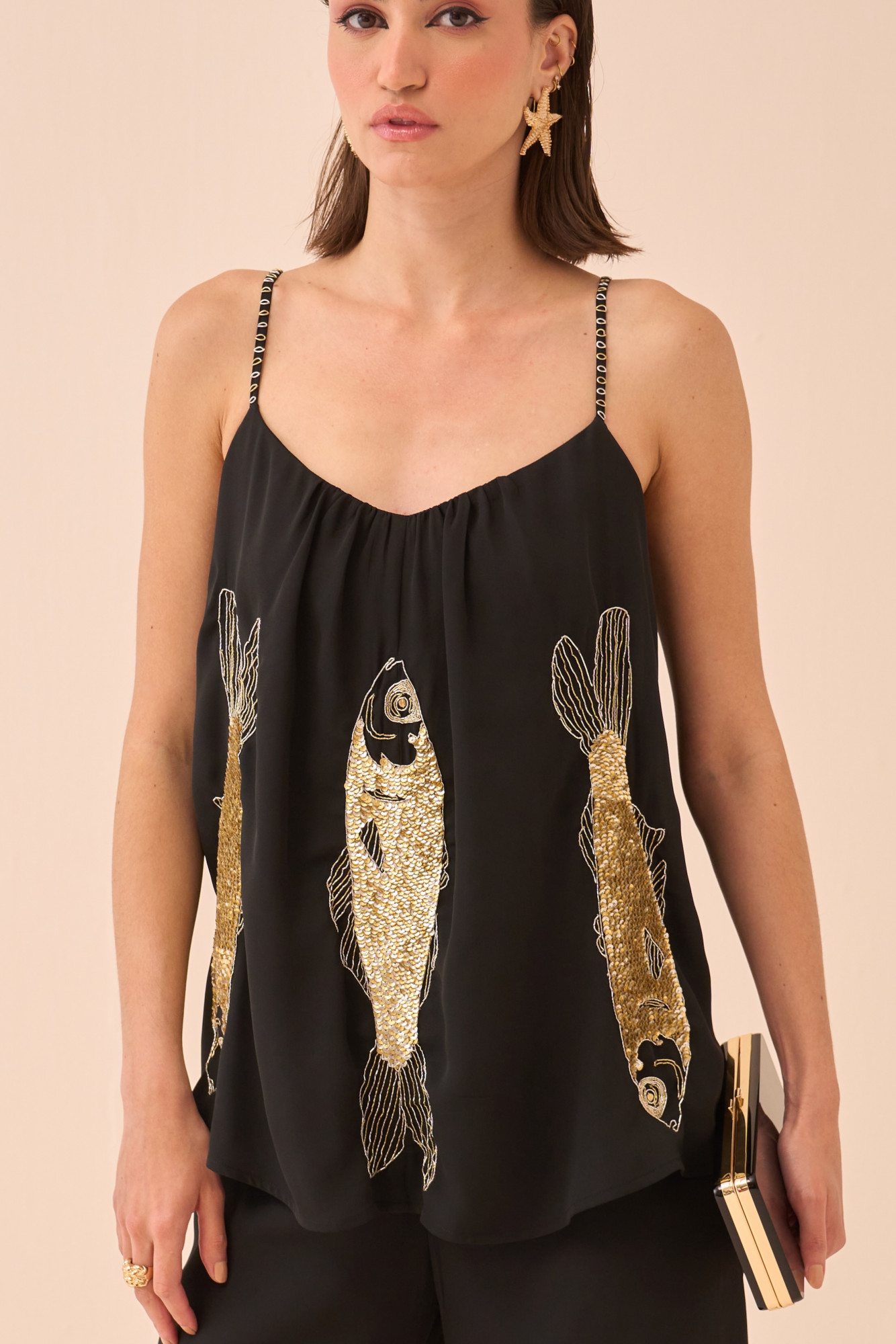 CASABLANCA BLACK TOP AND PANT CO-ORD SET WITH SEQUIN AND DABKA FISH MOTIF HAND EMBROIDERY