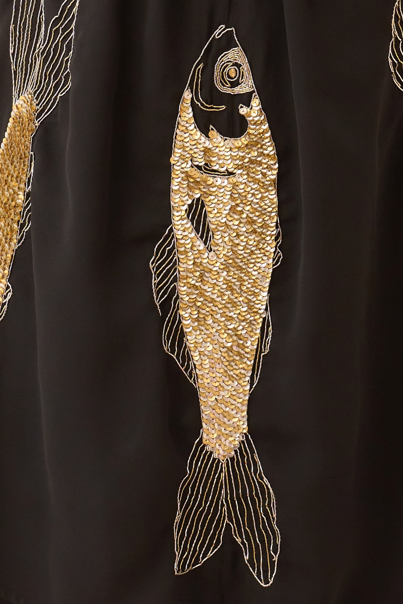 CASABLANCA BLACK TOP AND PANT CO-ORD SET WITH SEQUIN AND DABKA FISH MOTIF HAND EMBROIDERY