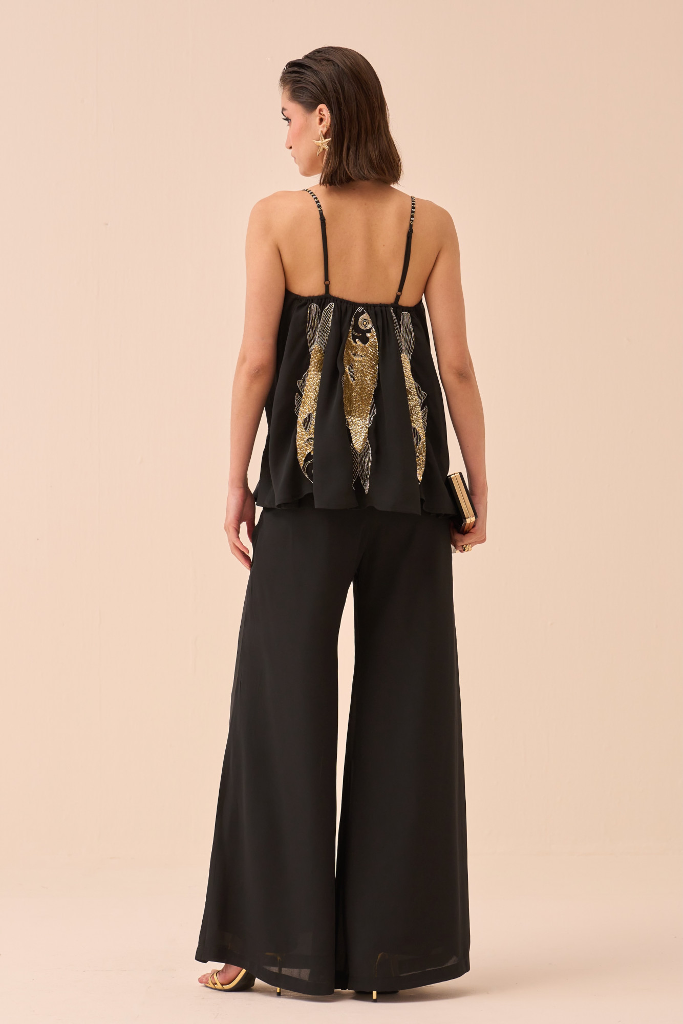 CASABLANCA BLACK TOP AND PANT CO-ORD SET WITH SEQUIN AND DABKA FISH MOTIF HAND EMBROIDERY