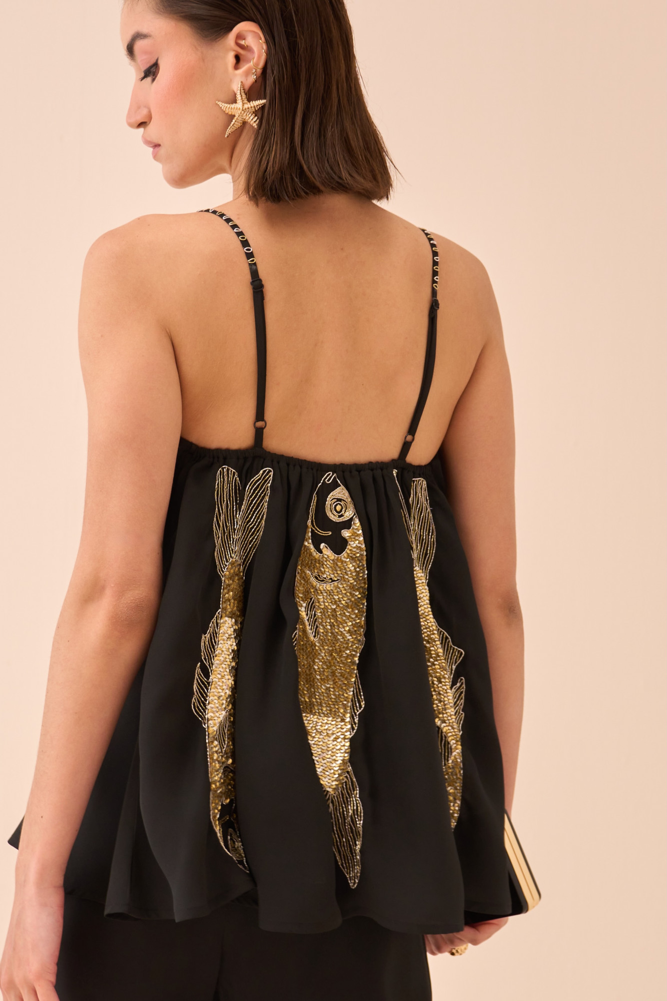 CASABLANCA BLACK TOP AND PANT CO-ORD SET WITH SEQUIN AND DABKA FISH MOTIF HAND EMBROIDERY