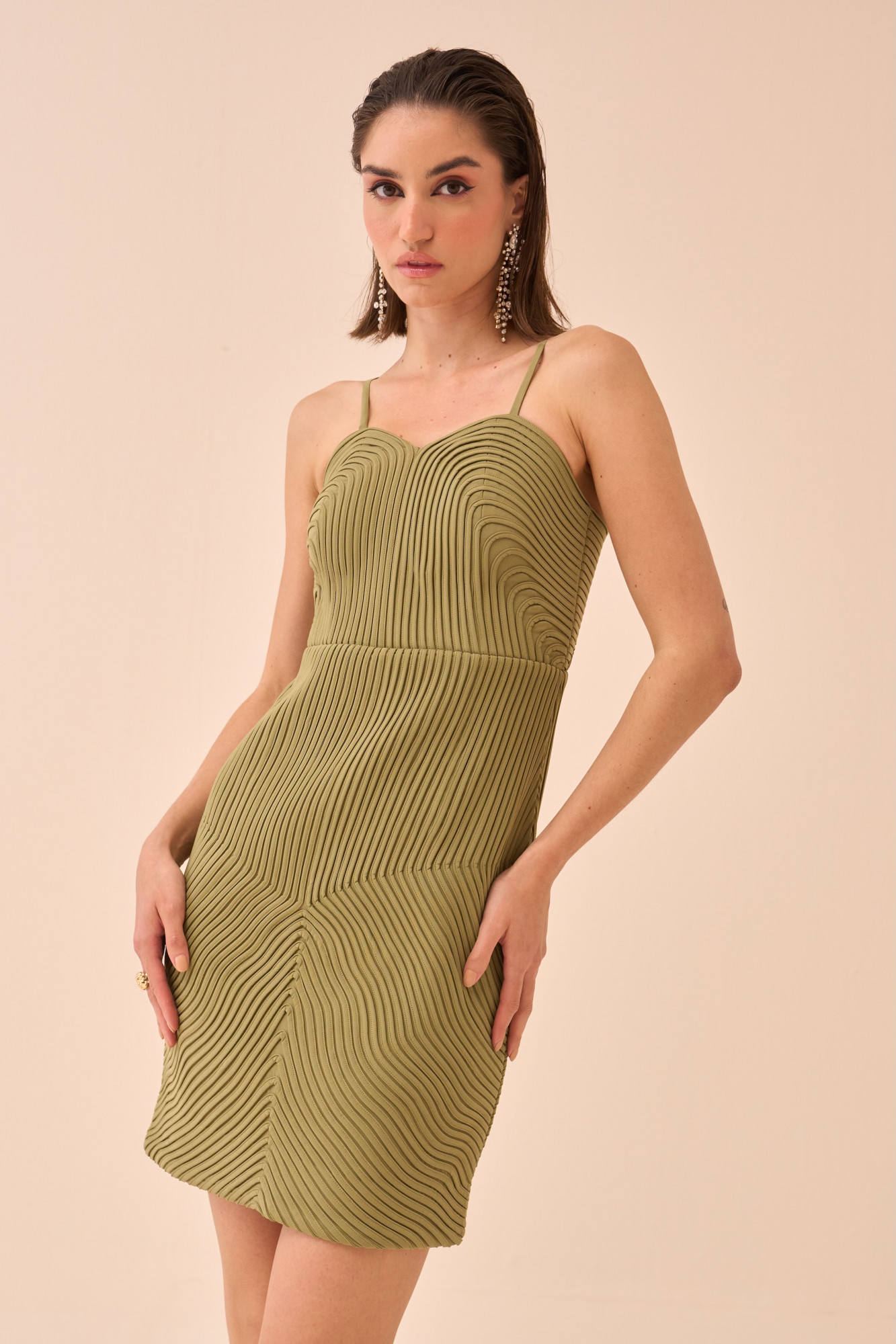 CASABLANCA OLIVE COLOUR DRESS WITH ATTACHED CUPS AND SELF FABRIC PIPING DETAIL ALL OVER