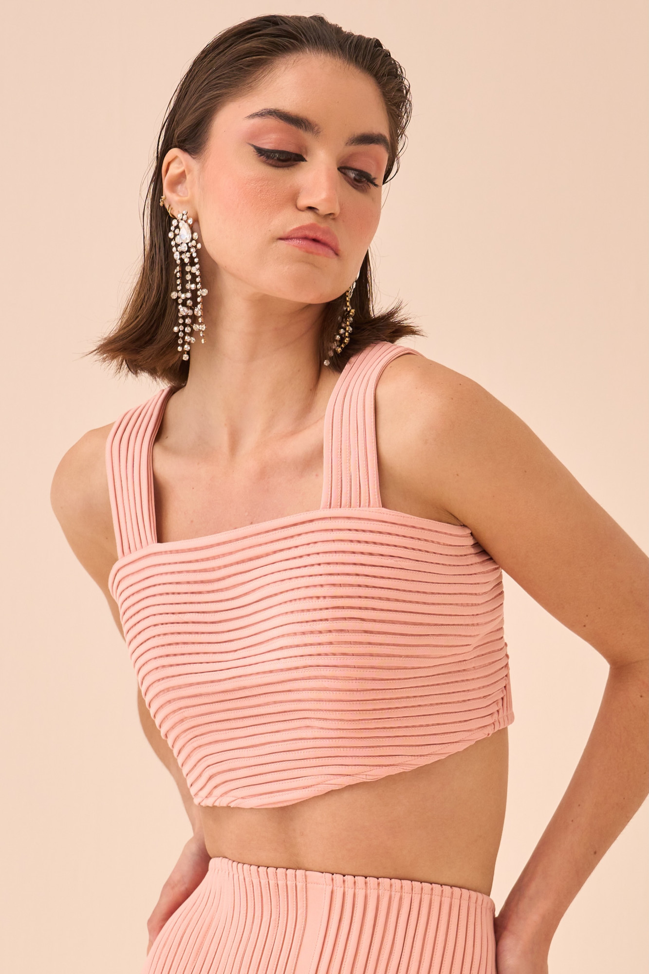 CASABLANCA LIGHT PINK COLOUR CROP TOP AND SKIRT CO-ORD SET WITH SELF FABRIC PIPING DETAILING ALL OVER