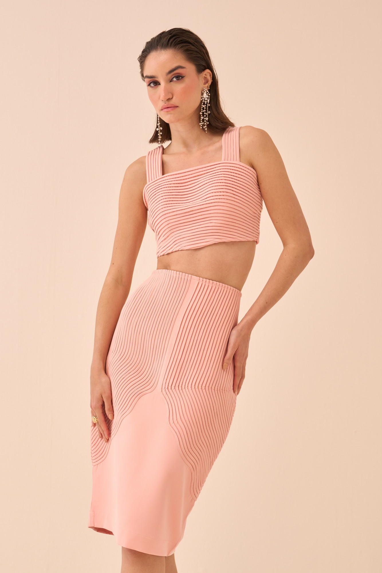 CASABLANCA LIGHT PINK COLOUR CROP TOP AND SKIRT CO-ORD SET WITH SELF FABRIC PIPING DETAILING ALL OVER