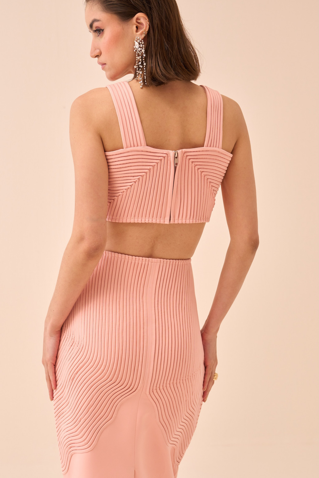 CASABLANCA LIGHT PINK COLOUR CROP TOP AND SKIRT CO-ORD SET WITH SELF FABRIC PIPING DETAILING ALL OVER