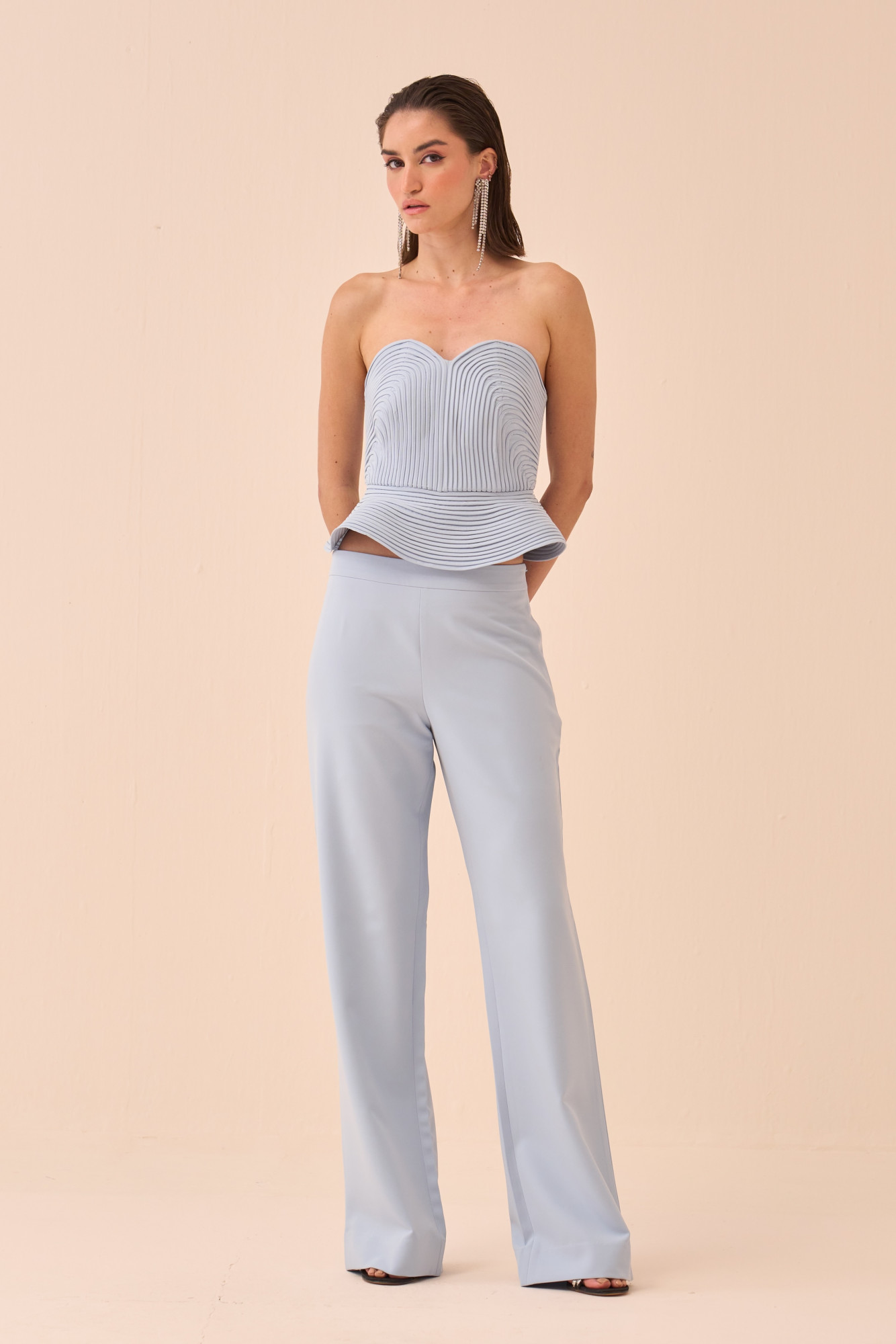 CASABLANCA POWDER BLUE COLOUR CORSET AND PANT CO-ORD SET WITH SELF FABRIC PIPING DETAILING