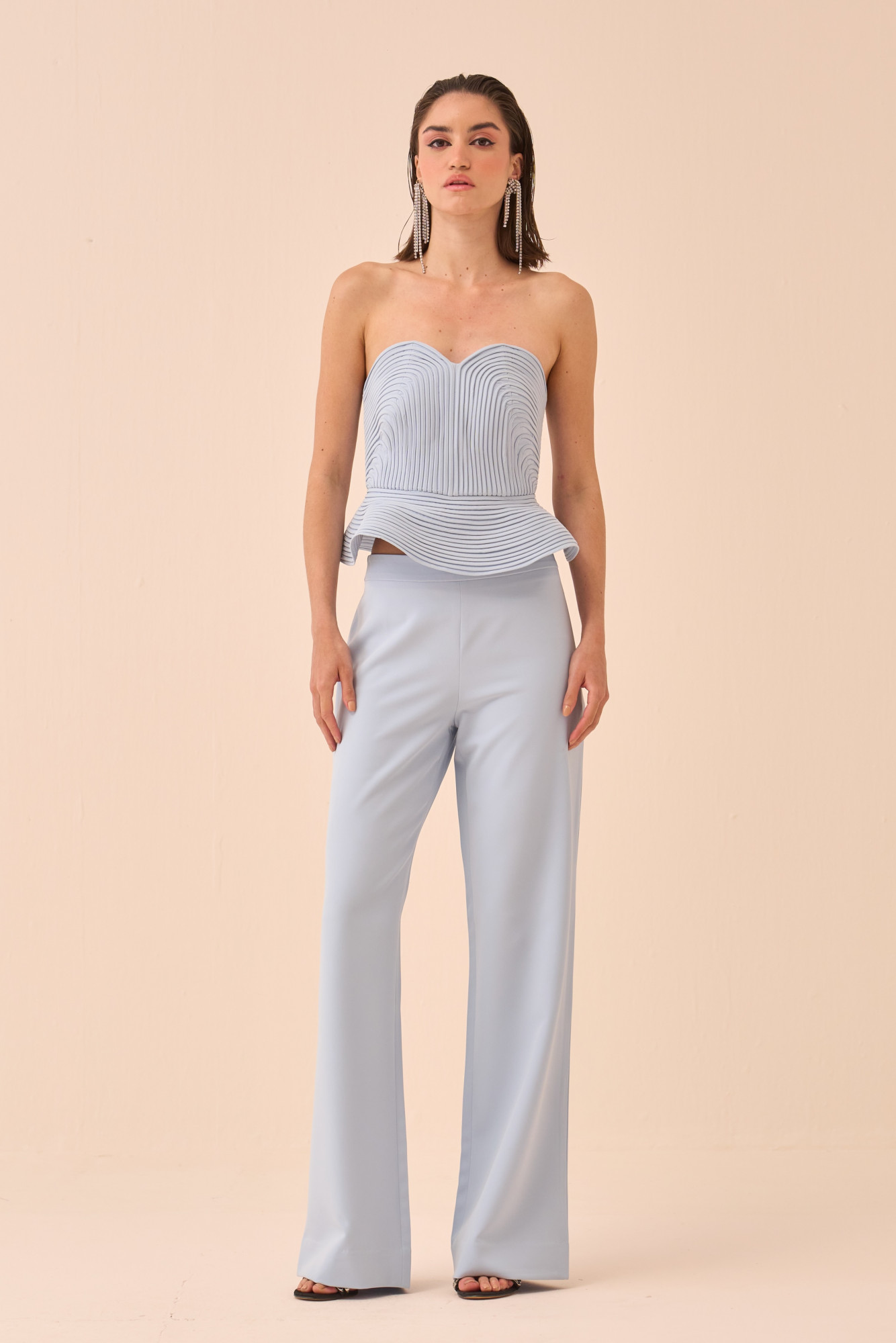 CASABLANCA POWDER BLUE COLOUR CORSET AND PANT CO-ORD SET WITH SELF FABRIC PIPING DETAILING