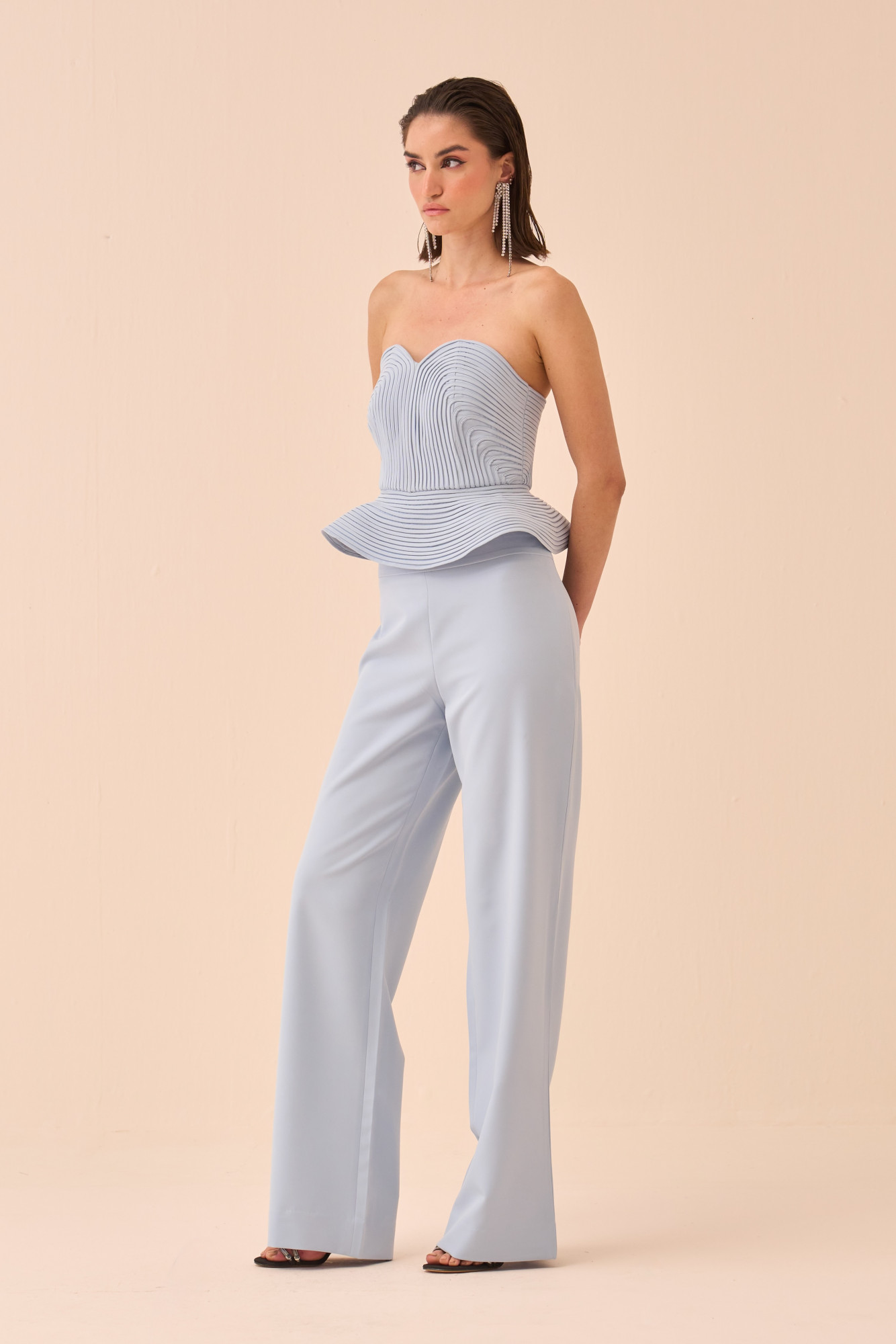 CASABLANCA POWDER BLUE COLOUR CORSET AND PANT CO-ORD SET WITH SELF FABRIC PIPING DETAILING