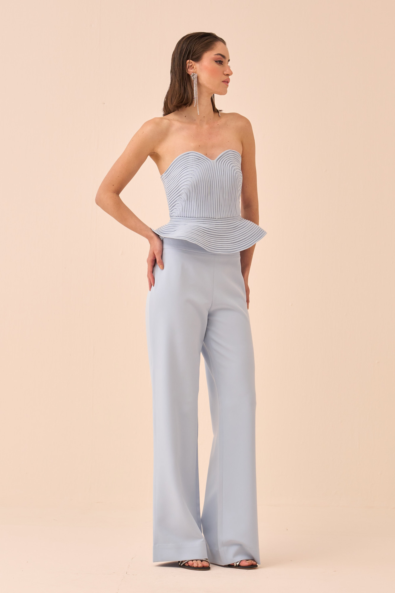 CASABLANCA POWDER BLUE COLOUR CORSET AND PANT CO-ORD SET WITH SELF FABRIC PIPING DETAILING