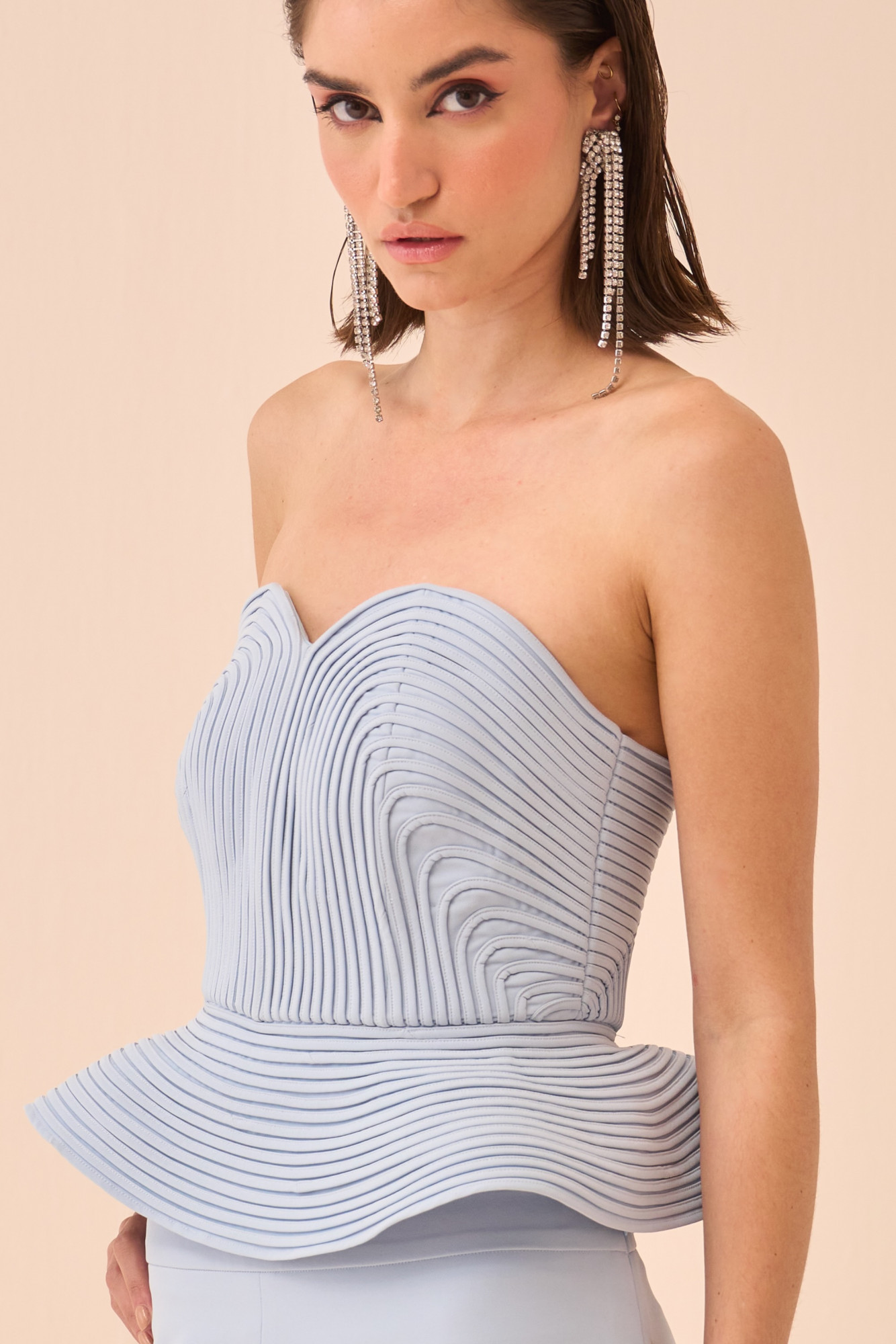 CASABLANCA POWDER BLUE COLOUR CORSET AND PANT CO-ORD SET WITH SELF FABRIC PIPING DETAILING