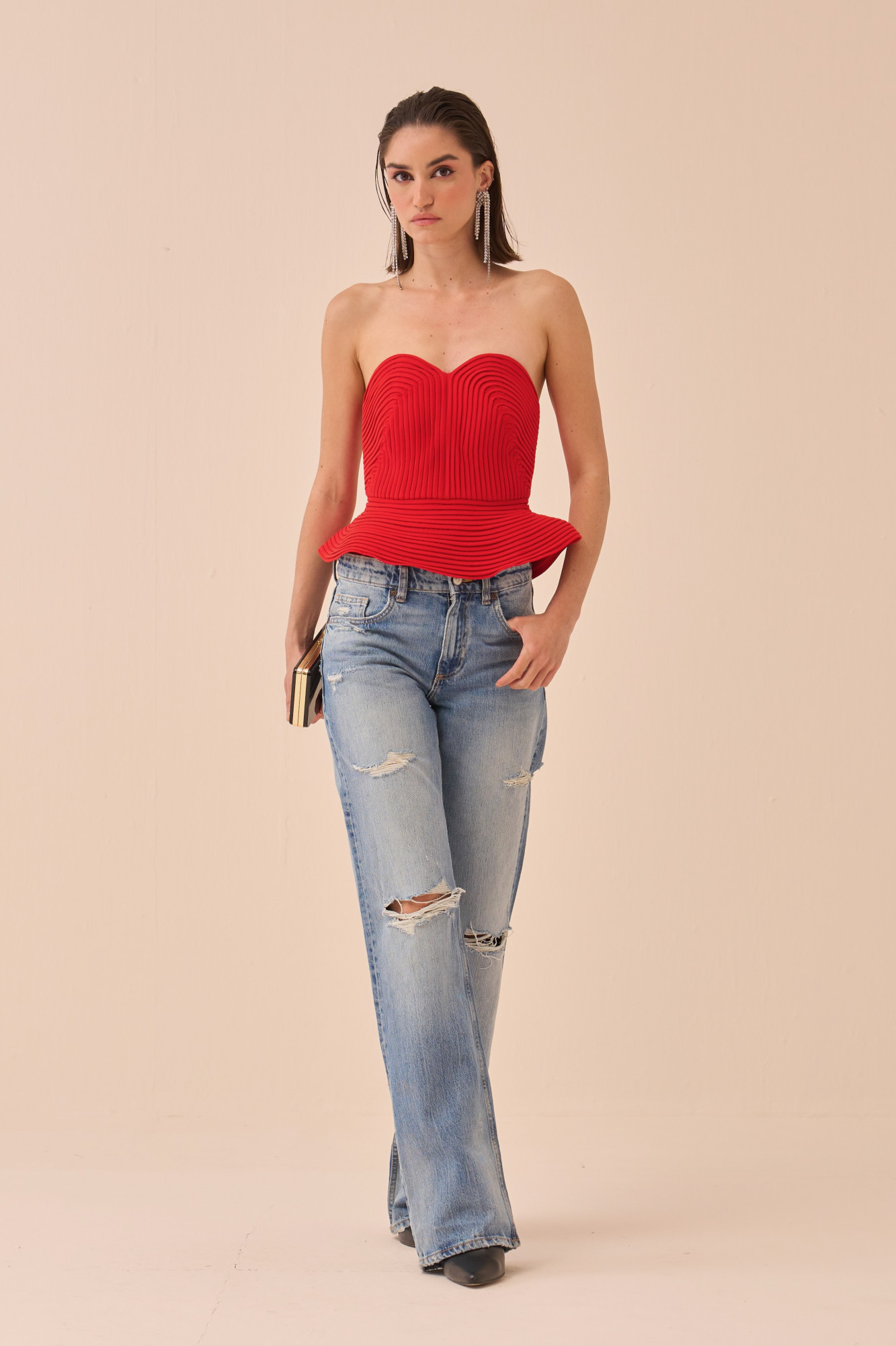 CASABLANCA RED COLOUR CORSET WITH SELF FABRIC PIPING DETAILING