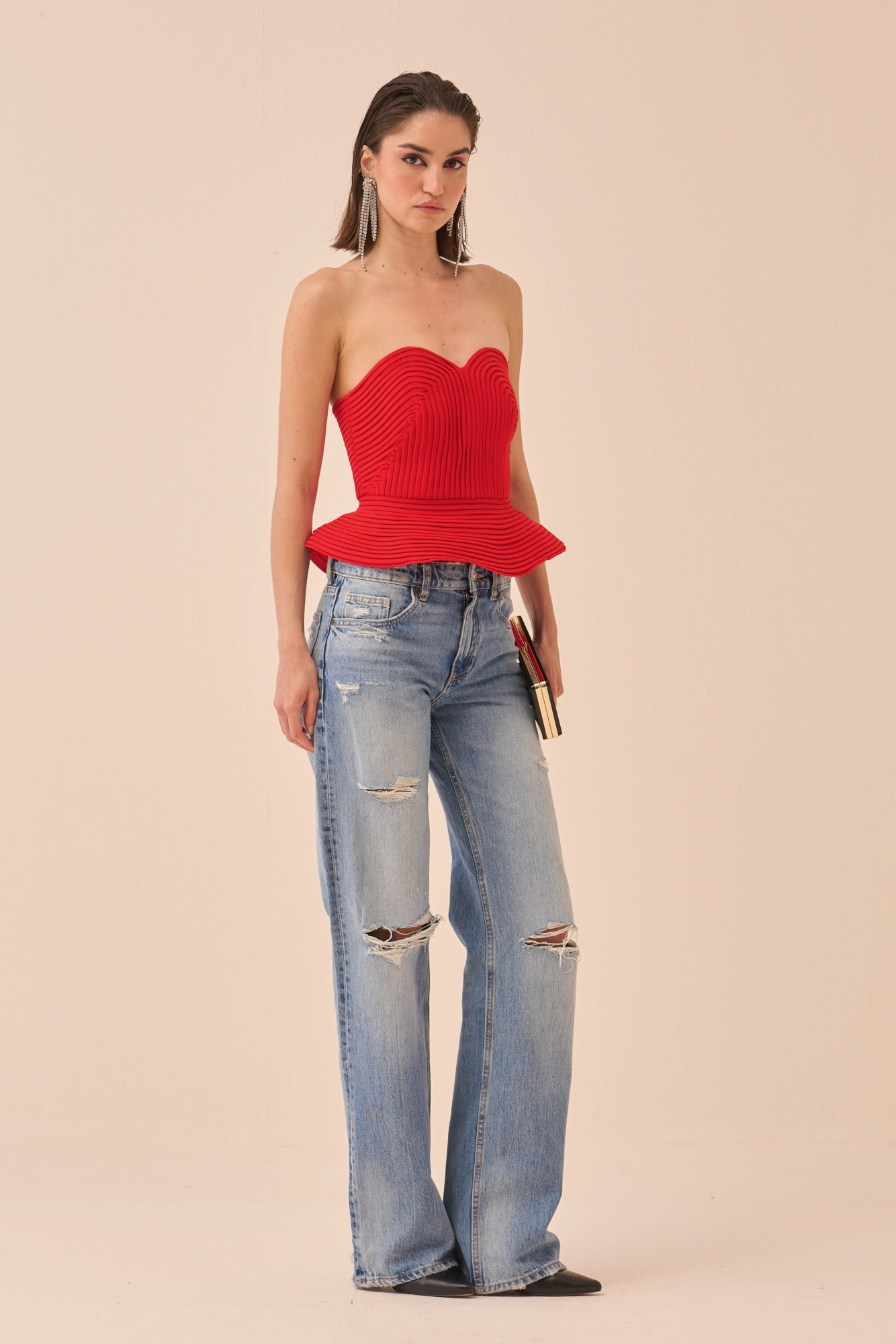 CASABLANCA RED COLOUR CORSET WITH SELF FABRIC PIPING DETAILING