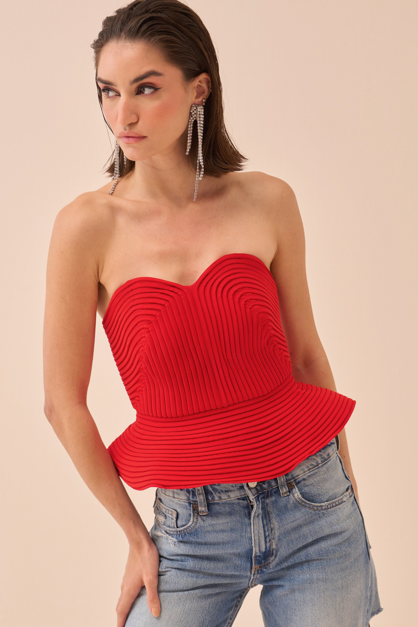 CASABLANCA RED COLOUR CORSET WITH SELF FABRIC PIPING DETAILING