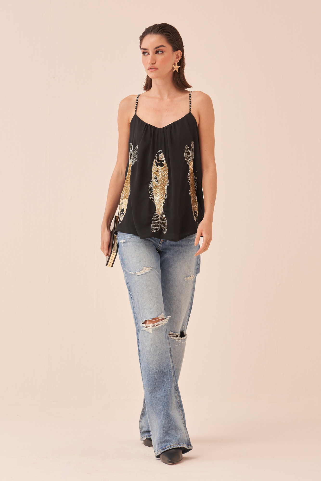 CASABLANCA BLACK COLOUR TOP WITH SEQUIN AND DABKA HAND EMBROIDERED FISH MOTIF