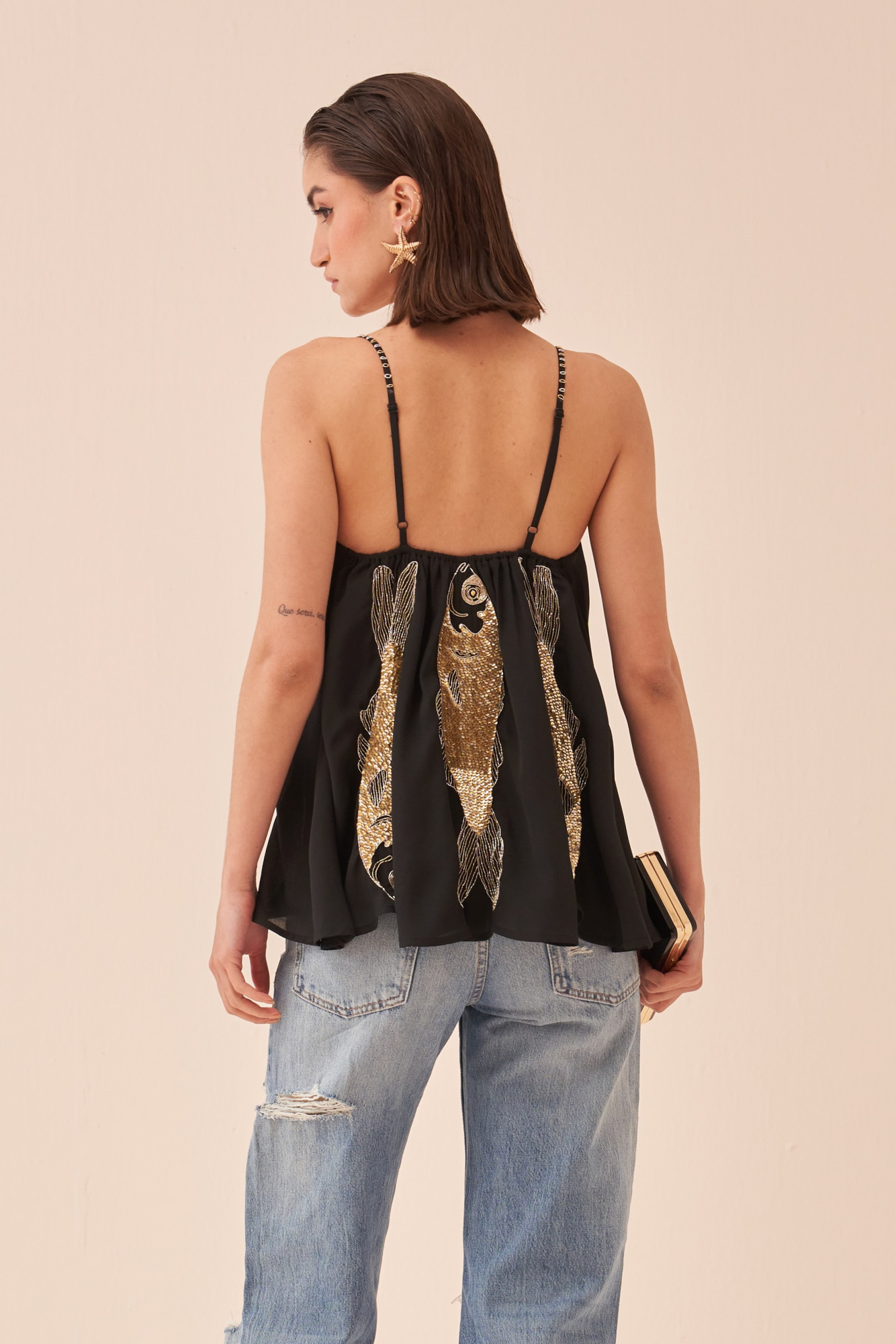 CASABLANCA BLACK COLOUR TOP WITH SEQUIN AND DABKA HAND EMBROIDERED FISH MOTIF