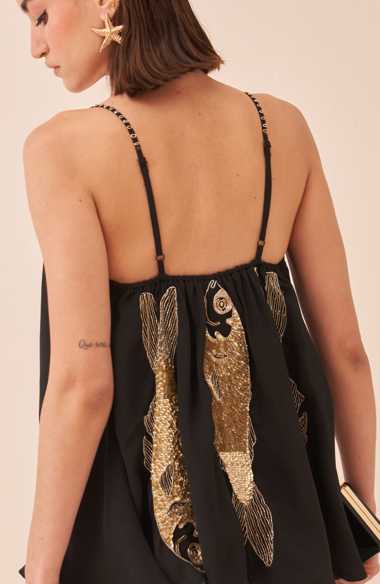 CASABLANCA BLACK COLOUR TOP WITH SEQUIN AND DABKA HAND EMBROIDERED FISH MOTIF
