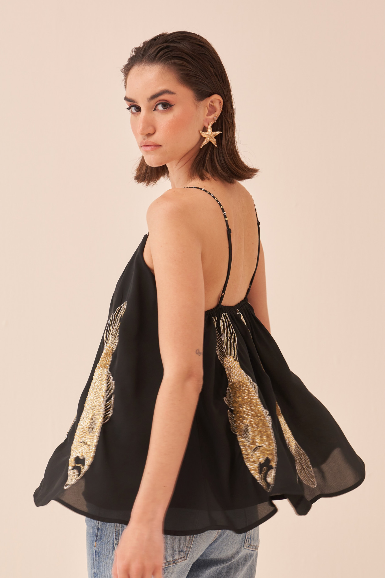 CASABLANCA BLACK COLOUR TOP WITH SEQUIN AND DABKA HAND EMBROIDERED FISH MOTIF