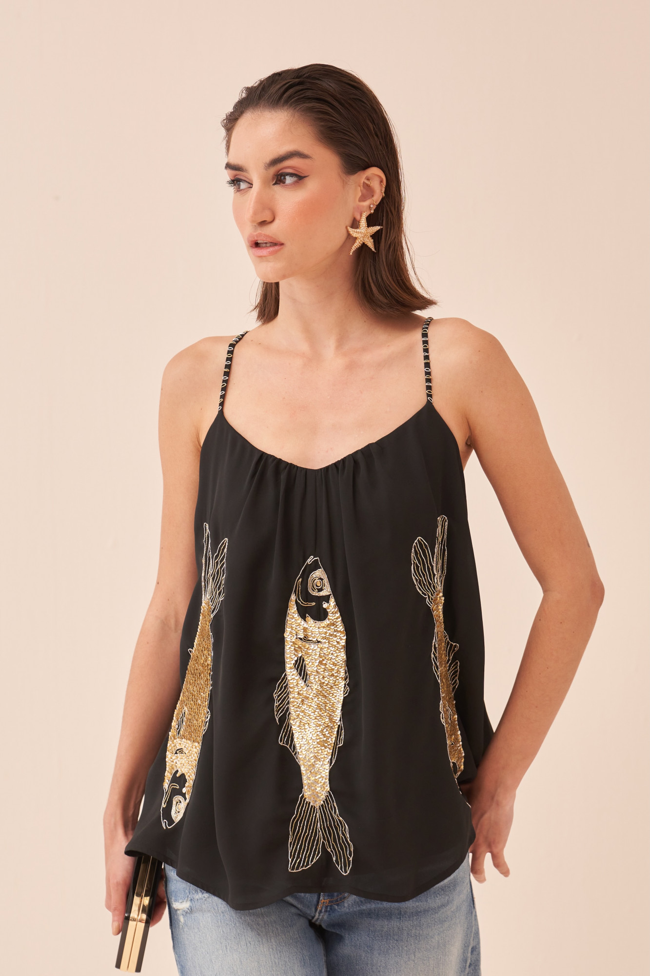 CASABLANCA BLACK COLOUR TOP WITH SEQUIN AND DABKA HAND EMBROIDERED FISH MOTIF